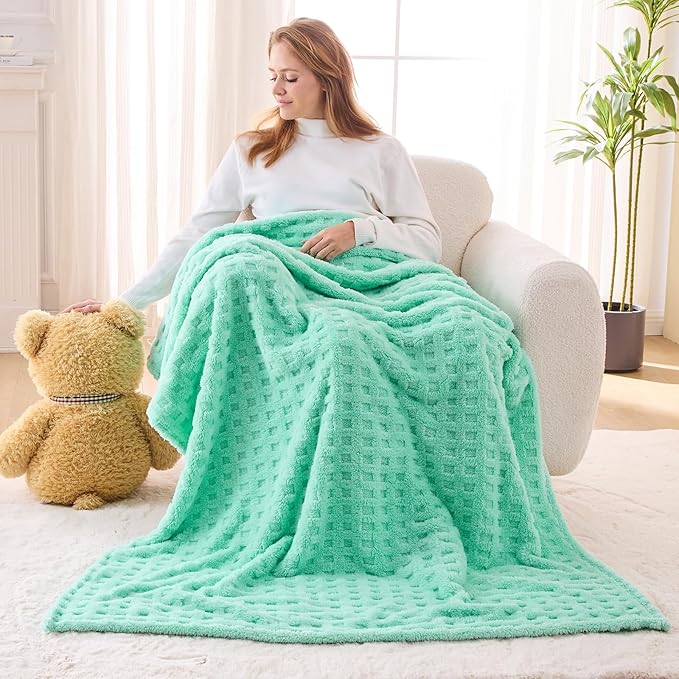 NEWCOSPLAY Super Soft Twin Blanket Aqua Premium Silky Flannel Fleece 3D Waffle Checkered Lightweight Bed Blanket All Season Use (Aqua, Twin(60"x80"))