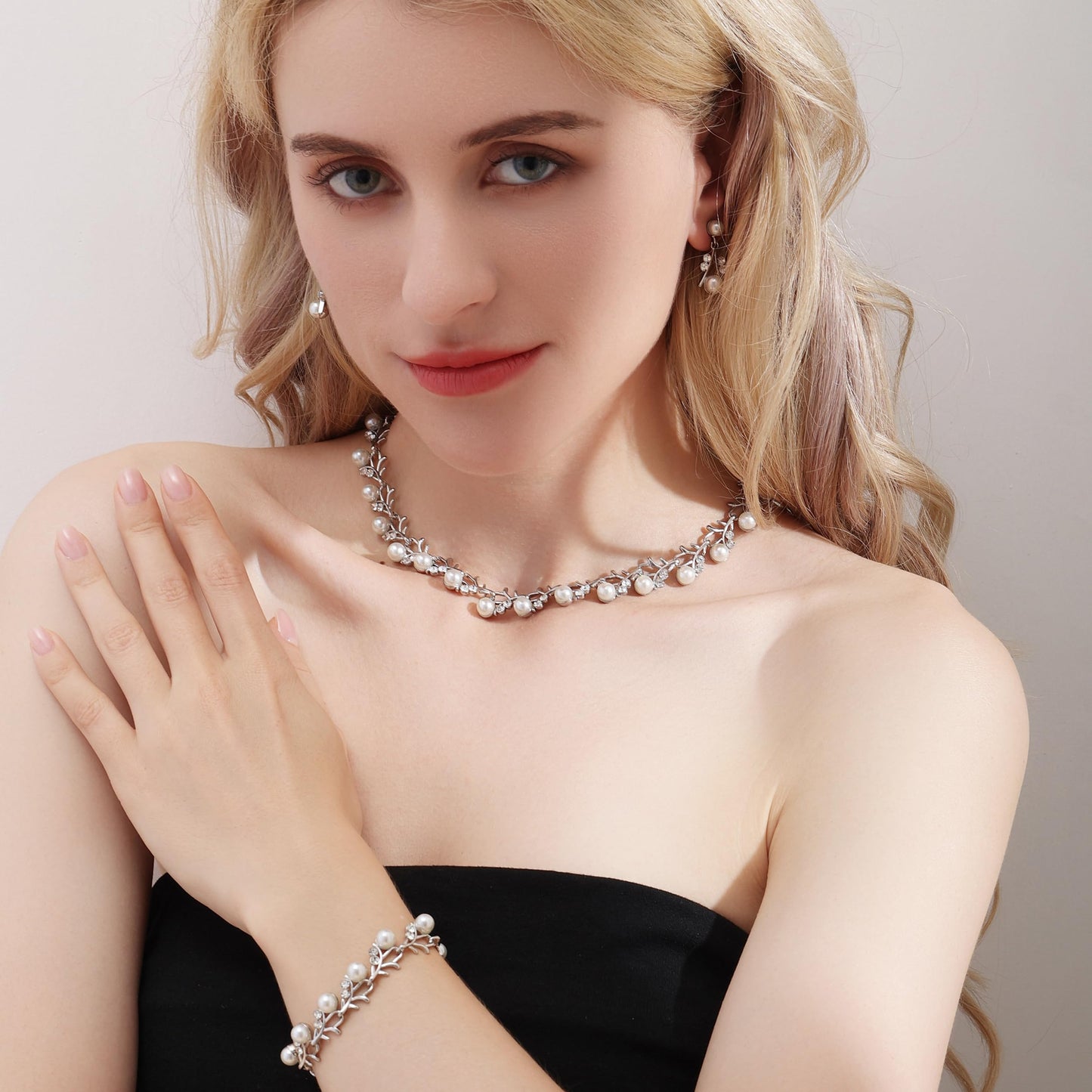 AILUOR Pearl Jewelry Set for Women - 14K Gold/Silver Plated Pearl Necklace, Earring & Bracelet Set - Wedding Bridal Gift (3pcs Silver)