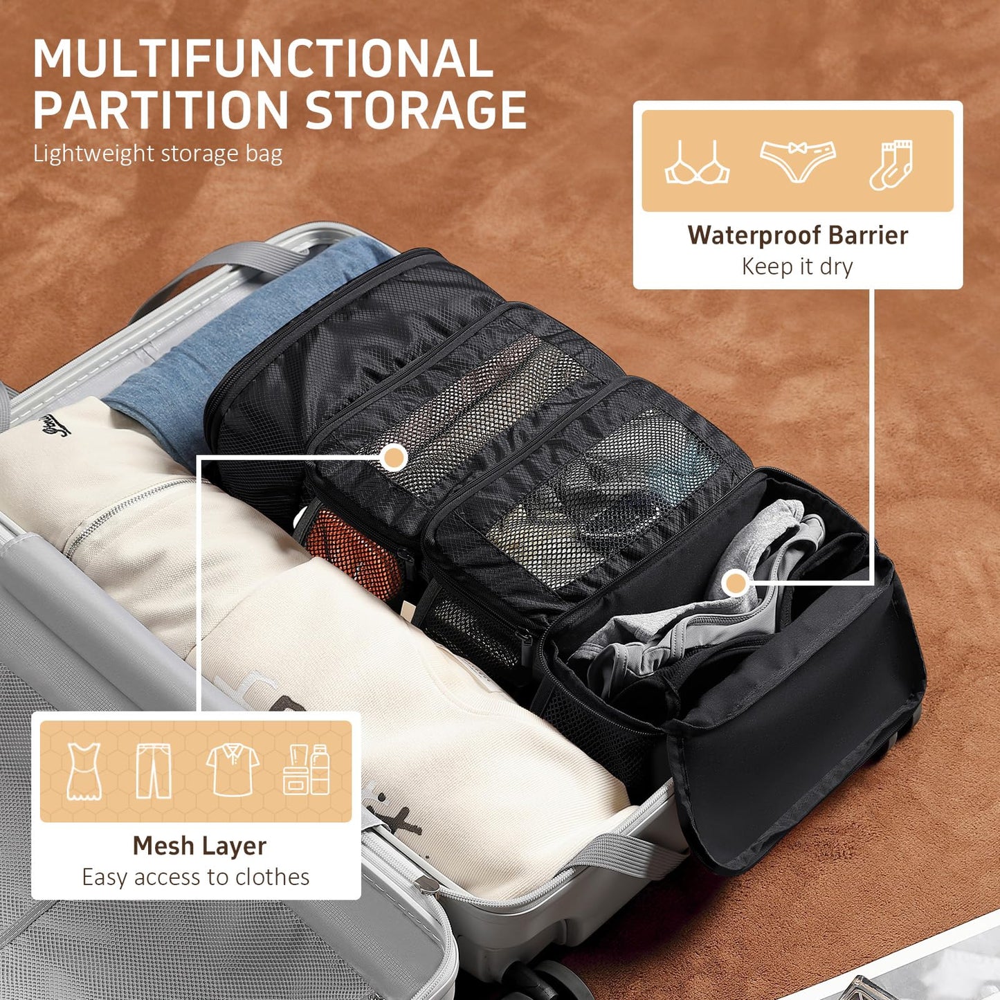 GOLF QUALITY Multi-layer storage bag Casual simple Luggage Packing Organizer with Hook,Clothing Underwear Bag,Carry On Closet,Classic black