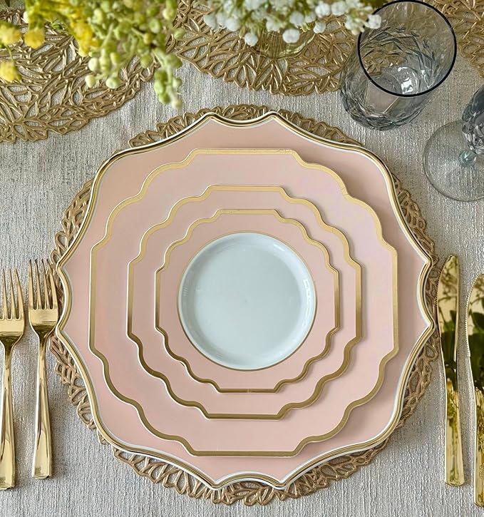 " OCCASIONS " 40 Pieces 13.25'' Scalloped Disposable/Reusable Plastic Charger Plates for Wedding, (Scalloped Imperial Blush & Gold)