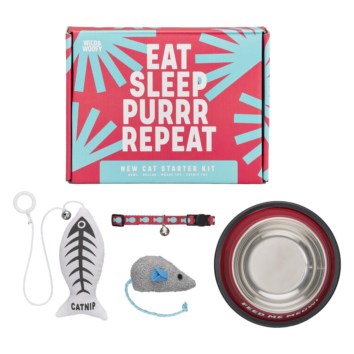 Wild & Woofy Eat Sleep Purr Repeat 4-Piece New Cat Starter Kit Gift Set