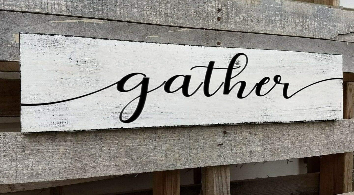 Gather Signs for Home Decor White, Rustic Farmhouse Dining Room Decor Wood Wall Hanging Plaque Gather Wall Decor for Living Room Kitchen Signs 6x16 Inch