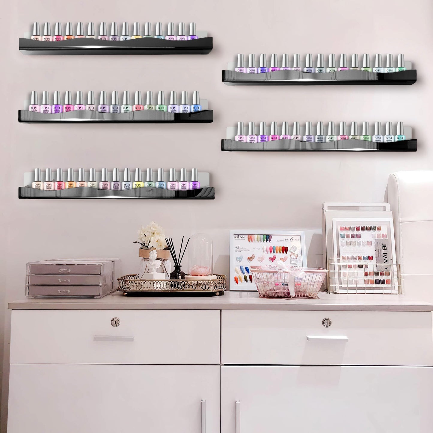 Wall-Mounted Nail Polish Organizer Rack - 15-Inch Black Mirror Finish Nail Polish Shelf, Makeup & Beauty Essentials Storage - Multi-Purpose Display Holder for Small Space, Vanity Bathroom, 6 Pack