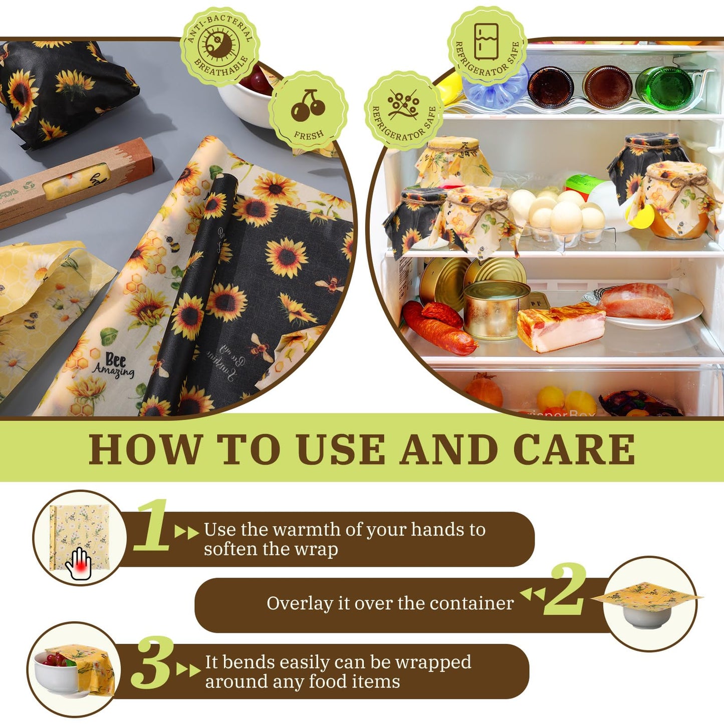 3 Rolls Reusable Beeswax Wraps for Food 13 x 40 Inches Bees Wax Wraps Reusable Food Storage Wrap Beeswax Paper Roll for Bread Sandwich Cheese Fruit Snacks(Bee)