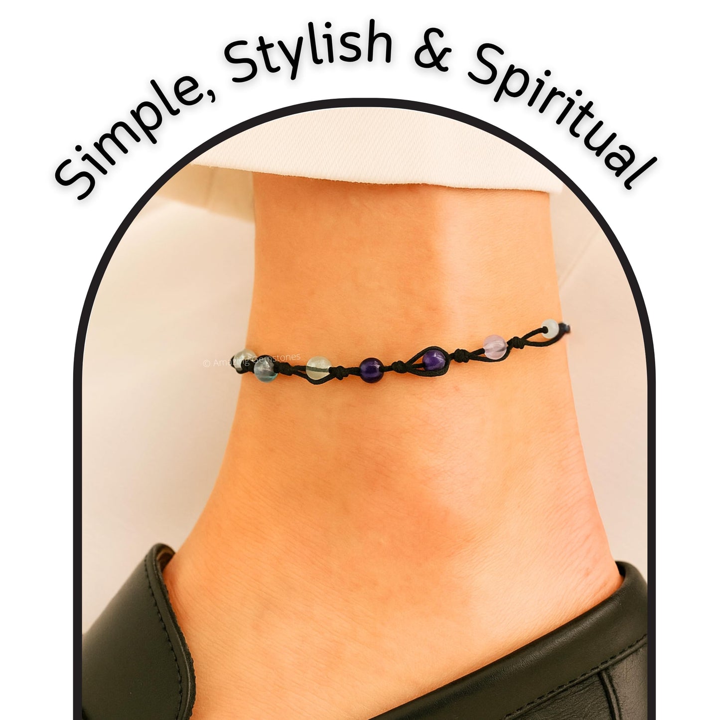 Amazing Gemstone Multi Fluorite Anklet Ankle Bracelets for Women - Waterproof Beaded Healing Crystal Anklets, Plus Size Chakra Gemstone Bead Anklet (Stretchy Adjustable - Hand Knotted)
