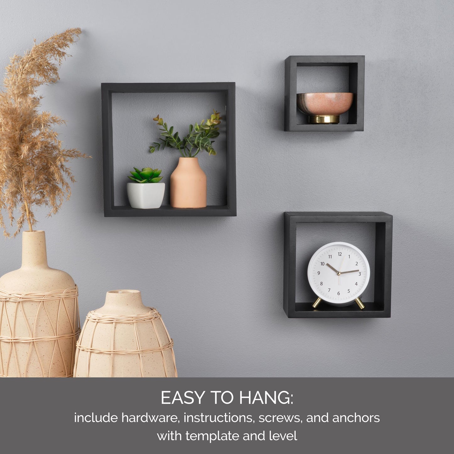 MELANNCO Floating Wall Square Cube Shelves for Bedroom, Living Room, Bathroom, Kitchen - Wood, Set of 3, Black