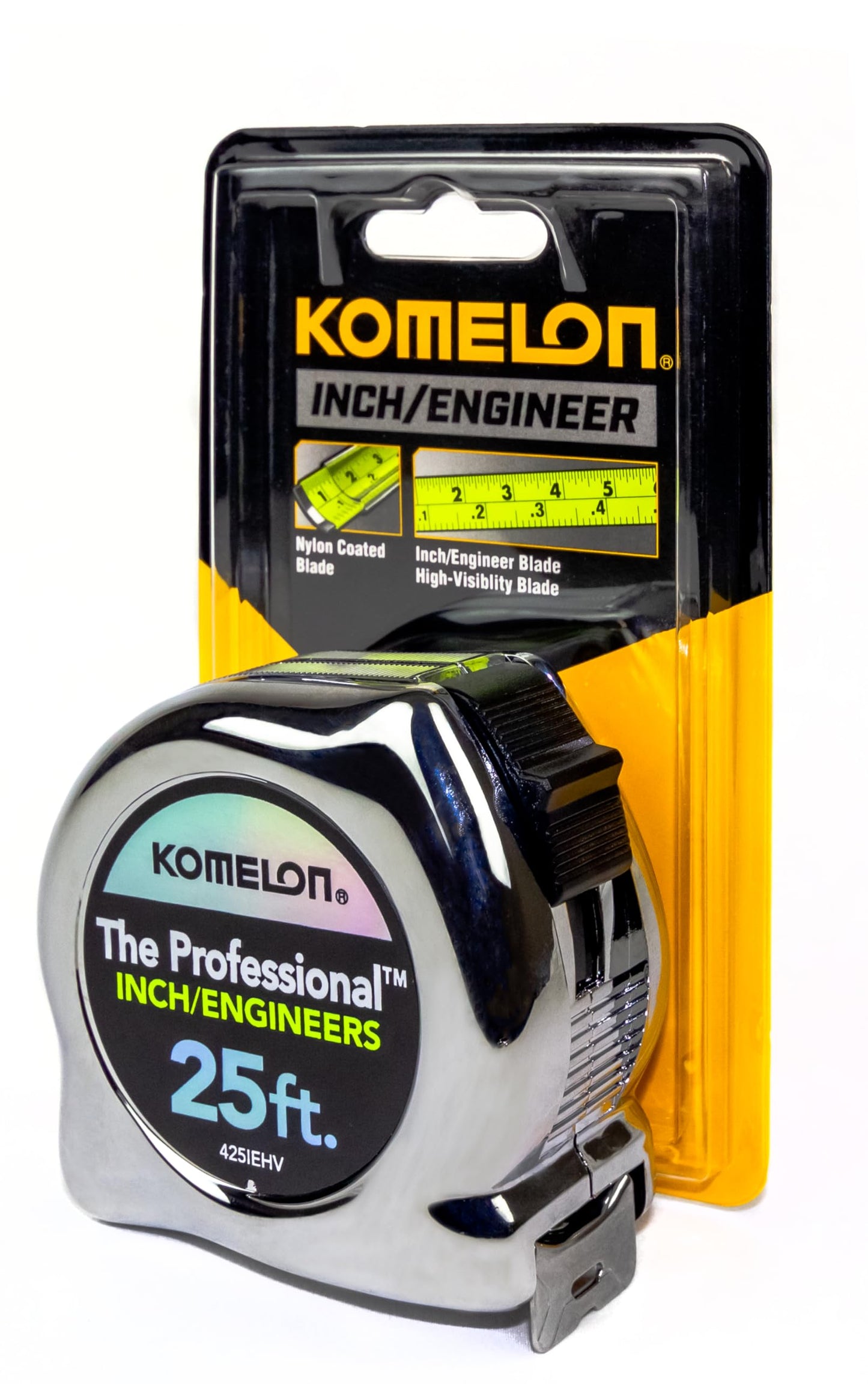 Komelon 425IEHV High-Visibility Professional Tape Measure Bother Inch and Engineer Scale Printed 25-Feet by 1-Inch, Chrome