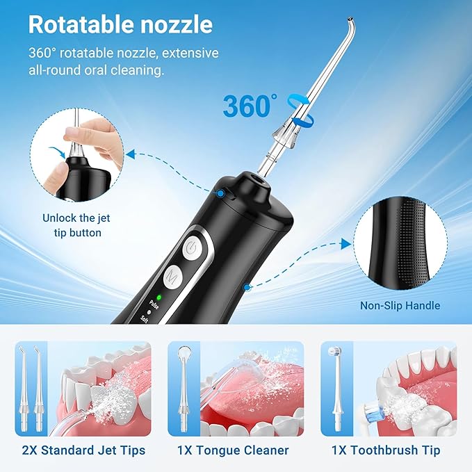 Cordless Oral Irrigator Water Flosser for Teeth, Gums & Braces - 4 Modes, 300ML Tank, 360° Rotatable Nozzle, IPX7 Waterproof, USB Rechargeable 2000mAh Battery for Home & Travel (M149 Pro - Black)