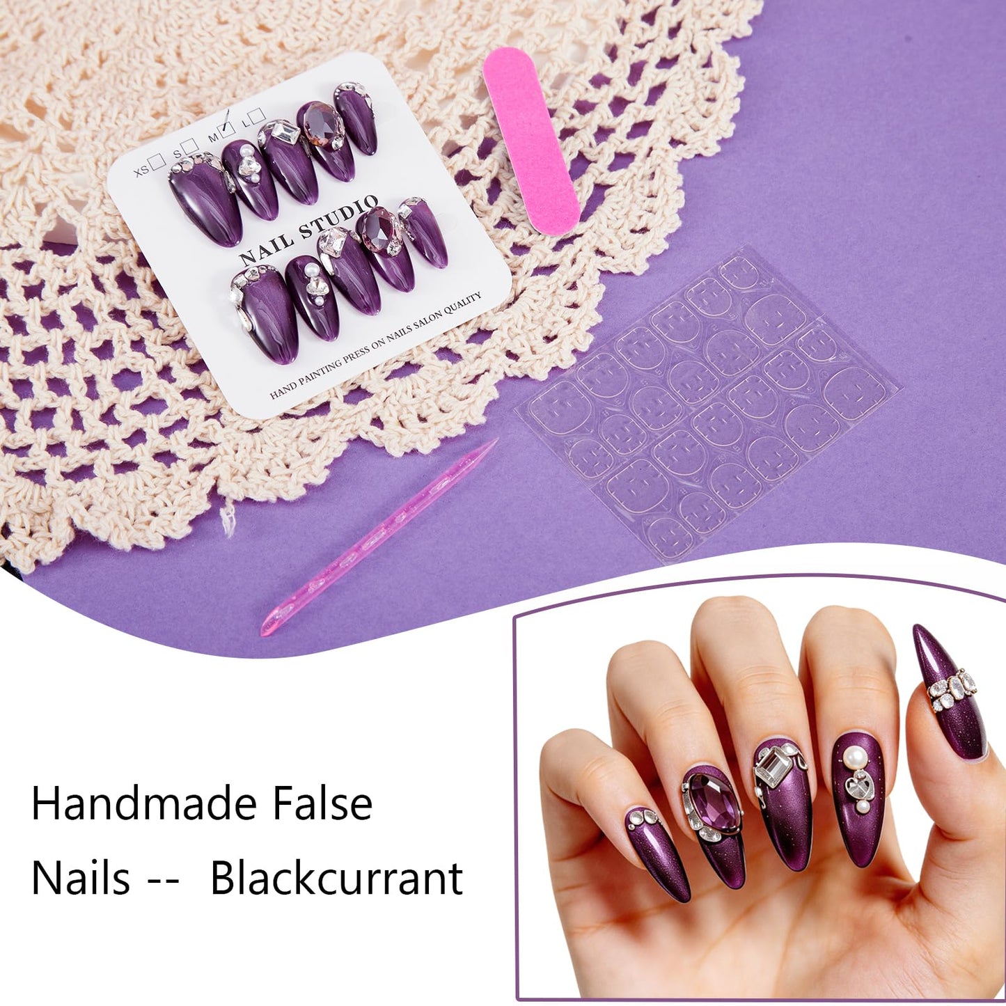 SILPECWEE 10PCS Almond Press on Nails, 10Pcs Handmade Fake Nails Medium Rhinestones Purple Cat Eye Gel Flase Nails Acrylic Press Ons for Women Manicure Supplies