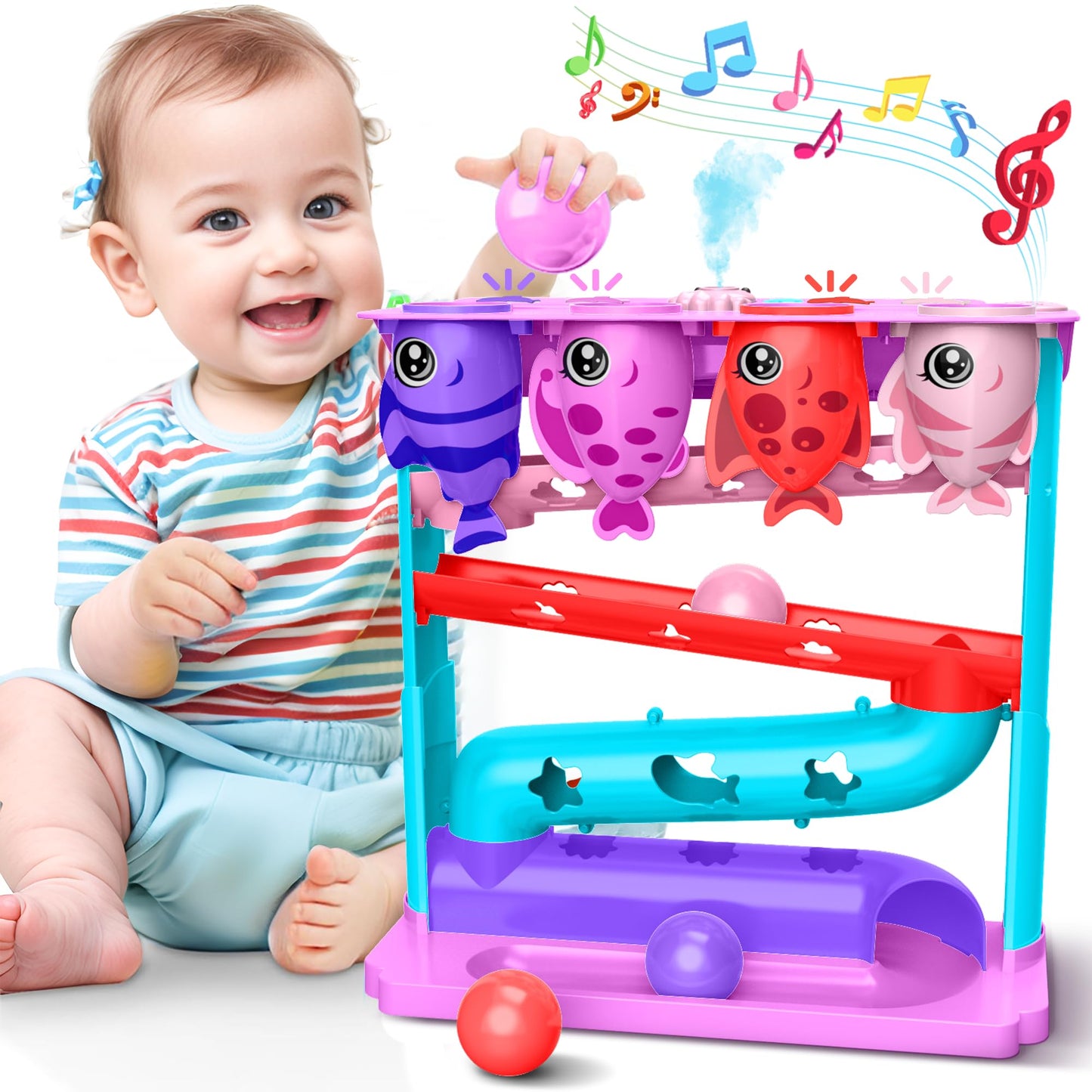 Ball Drop Toy for 1, 2 Years Old Boys & Girls, Interactive Toddler toy with Lights, Music & Water Spray, Montessori STEM Learning Toys for 9-18 Months, Infant Early Development Gift(Pink)