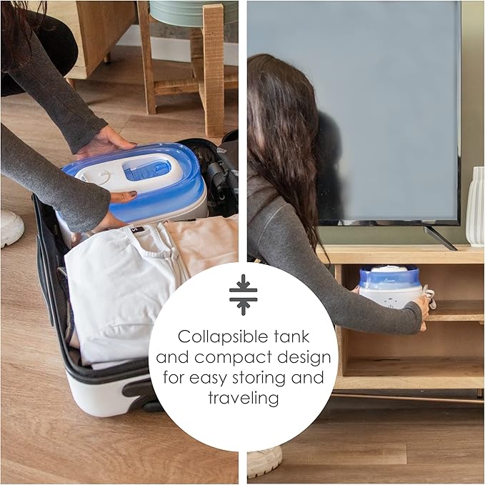 Crane Collapsible Cool Mist Humidifier for Bedroom and Office, 1 Gallon Portable Humidifier for Travel and Easy Storage, Blue and White