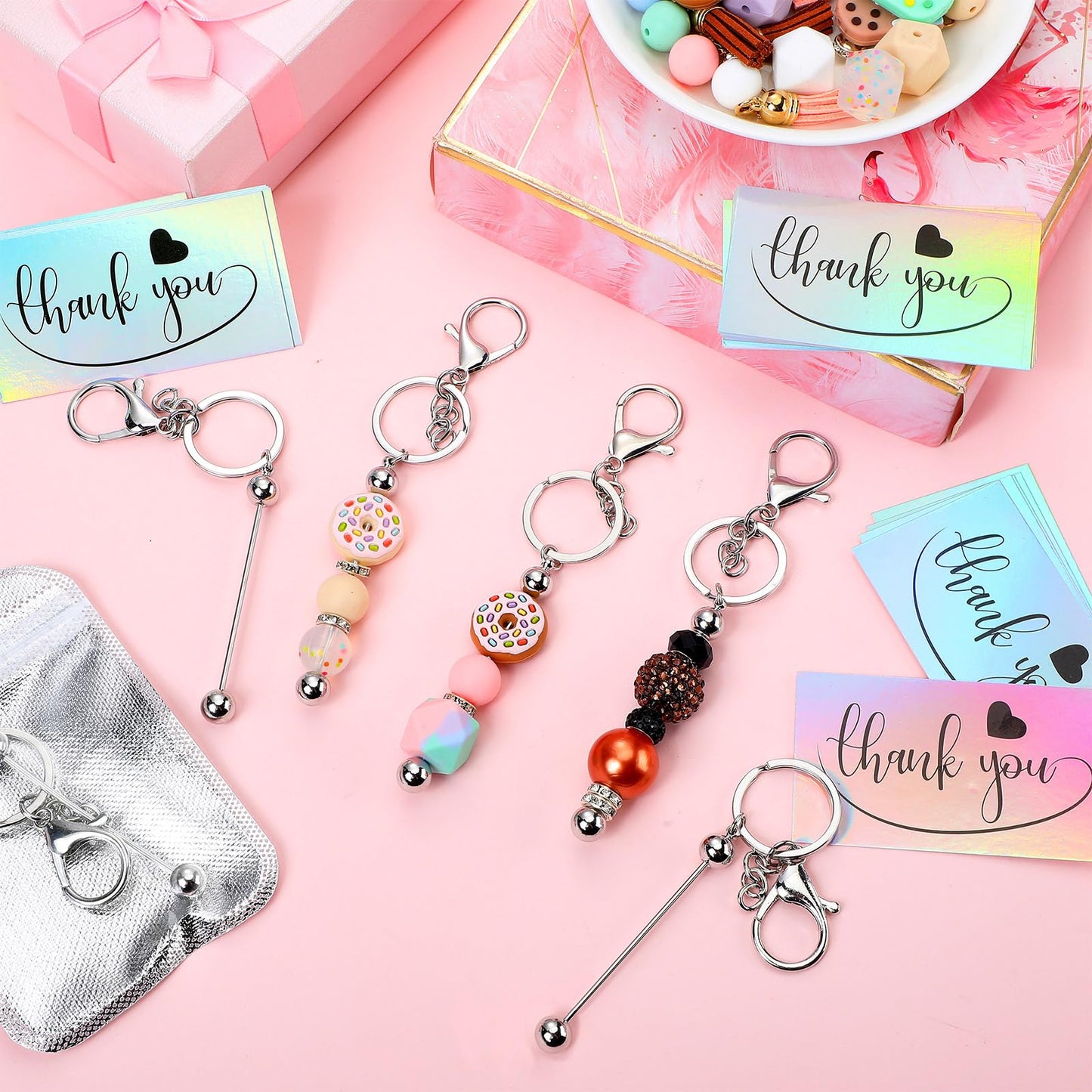 Sasylvia 60 Pcs Beadable Keychain Bars Bulk Making Kit 20 Beaded Keychain 20 Bag 20 Thank You Cards for DIY Keyrings Charms(Silver)
