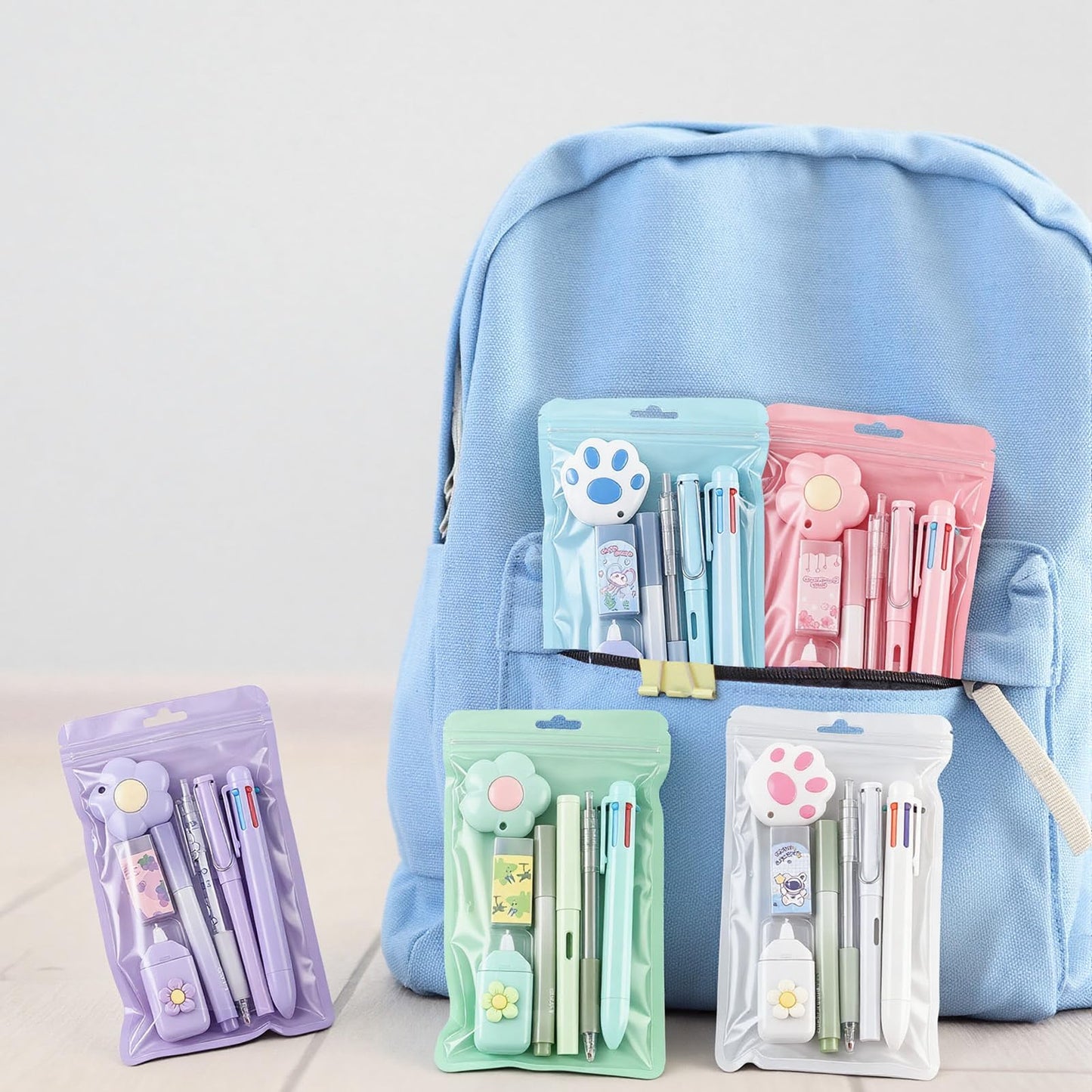 Sayglossy 5 Sets 7 Pcs Kawaii Stationery Set Cute Stationery Mini Office Supply Kit Cute School Supplies Including Ballpoint Pens Pencil Sharpener Highlighter Correction Tape Ruler Utility Knife