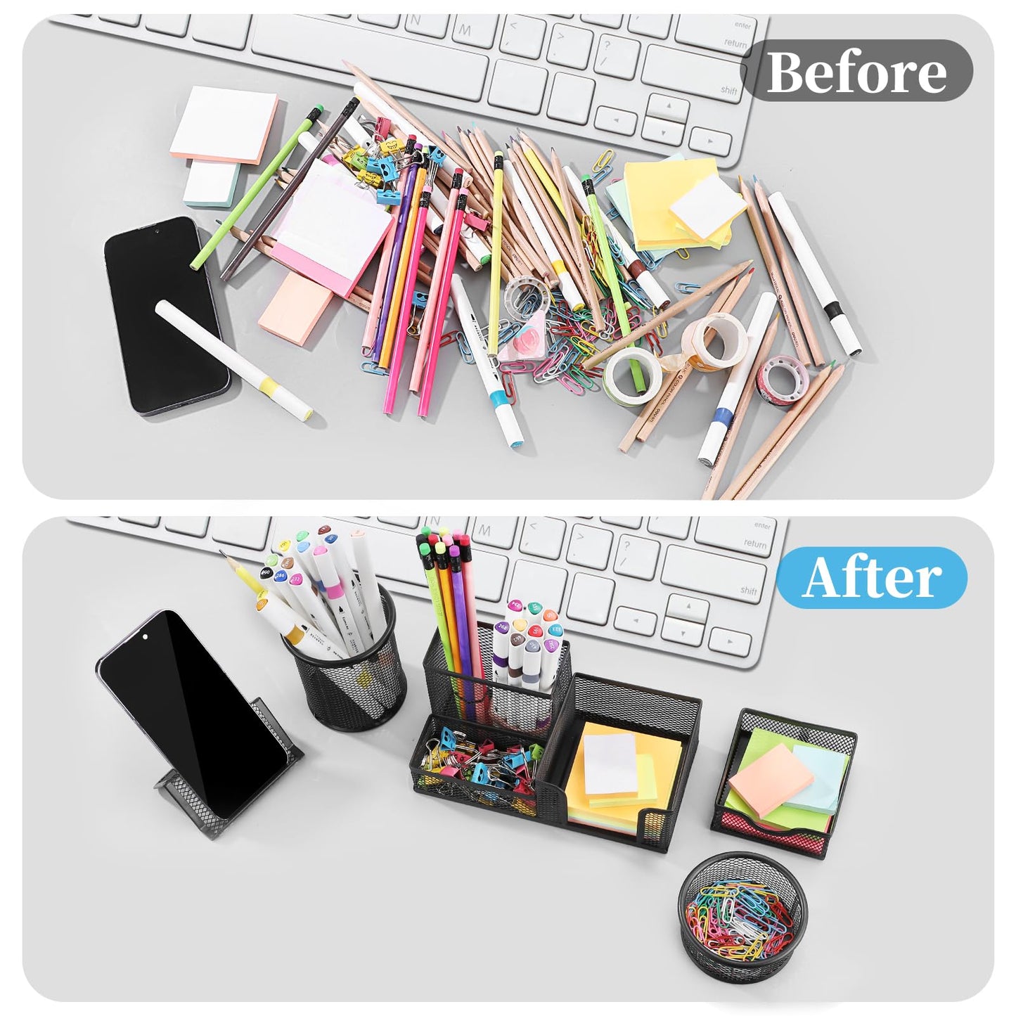 Byjoph Mesh Pen Holder for Desk Pencil Holders 5 Pieces Desk Organizer Office Supplies Caddy with Sticky Notes Holder for Office School Home Black