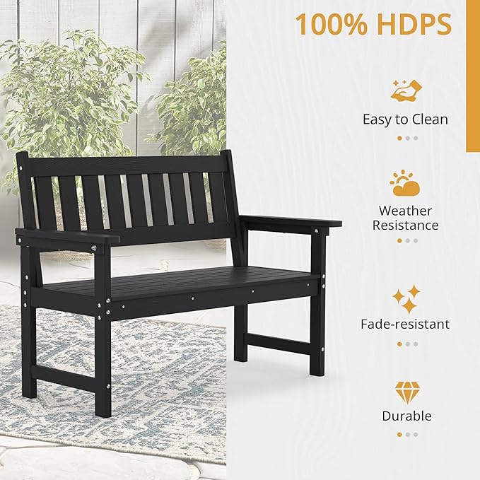 LUE BONA Outdoor Bench, 2-Person HDPS Garden Bench, Outdoor Benches Weatherproof, All-Weather Fade/Rot Resistant Patio Bench for Park, Front Porch, Backyard (Black)