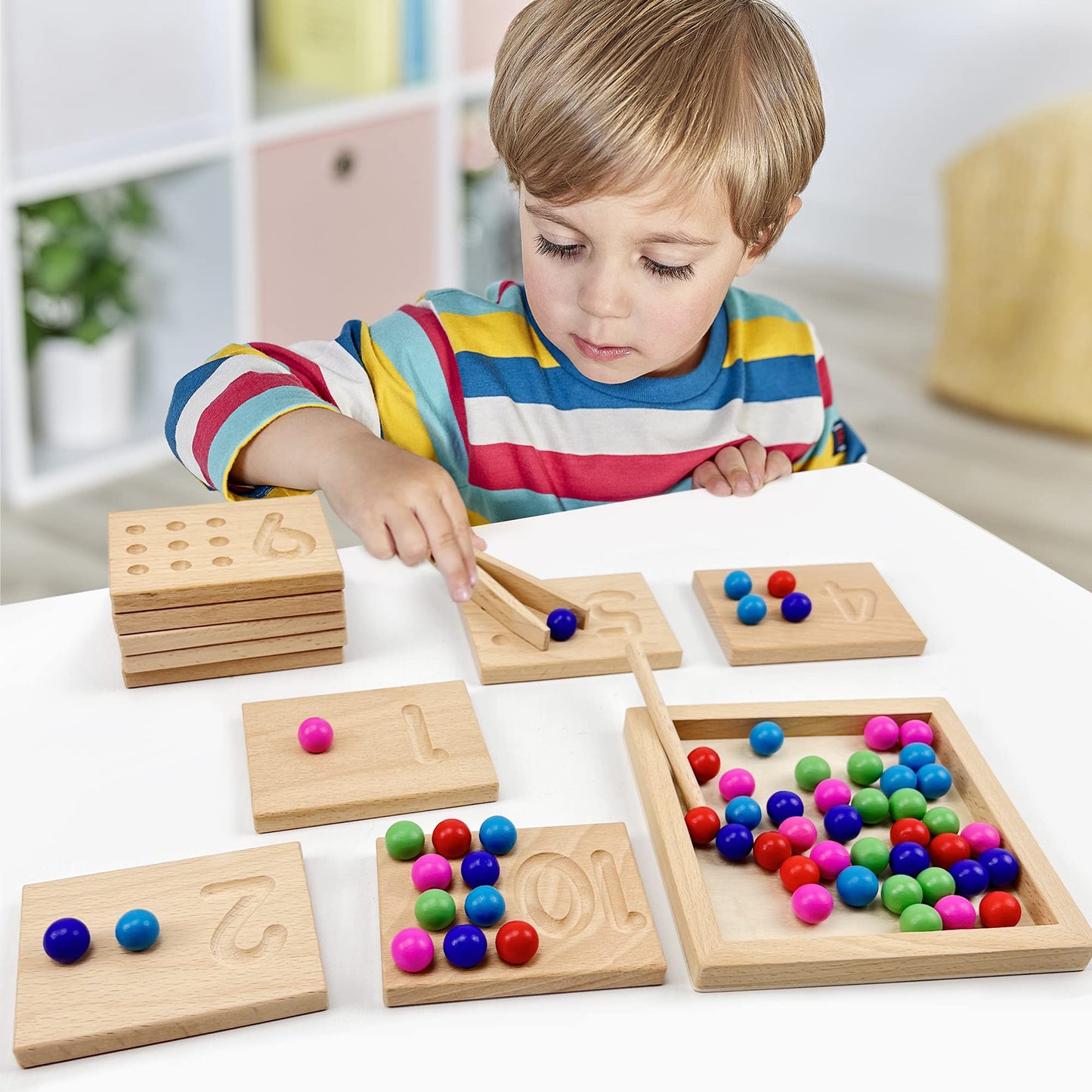 BBtinker Wooden Number Tracing Board Set, Toddler Montessori Math Beads Counting Toy, Preschool Learning and Educational Math Game for Kids