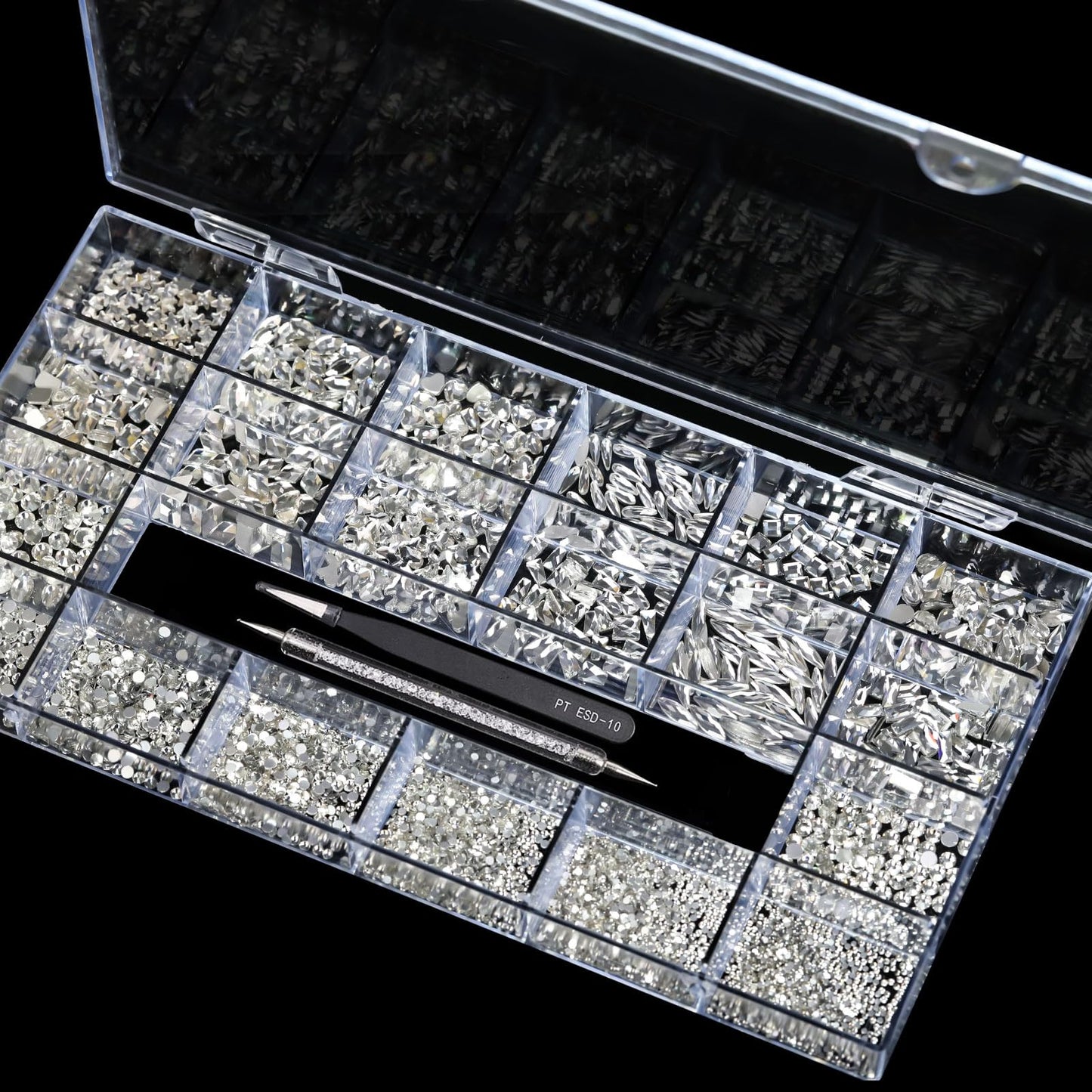 Yzzseven 12 Types of 600 White Diamonds + 2500 Flat Rhinestones Mix 20 Styles Flatback DIY Crafts Rhinestone Crystals 3D Ornament‌s Flat Back Stones Set + Tweezers + Drill Pen