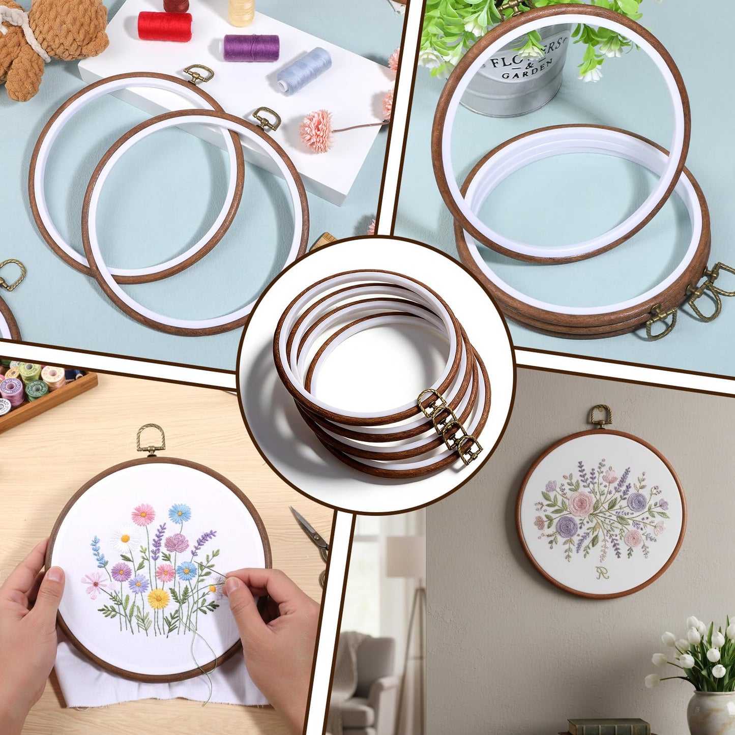 AOZUO 8 Pcs 8 Inch Embroidery Hoops, Round Imitated Wood Cross Stitch Hoop Rings Embroidery Frame Circle Display Frame Kits for Art Craft Sewing Embroidery Handy DIY Ornaments Decoration