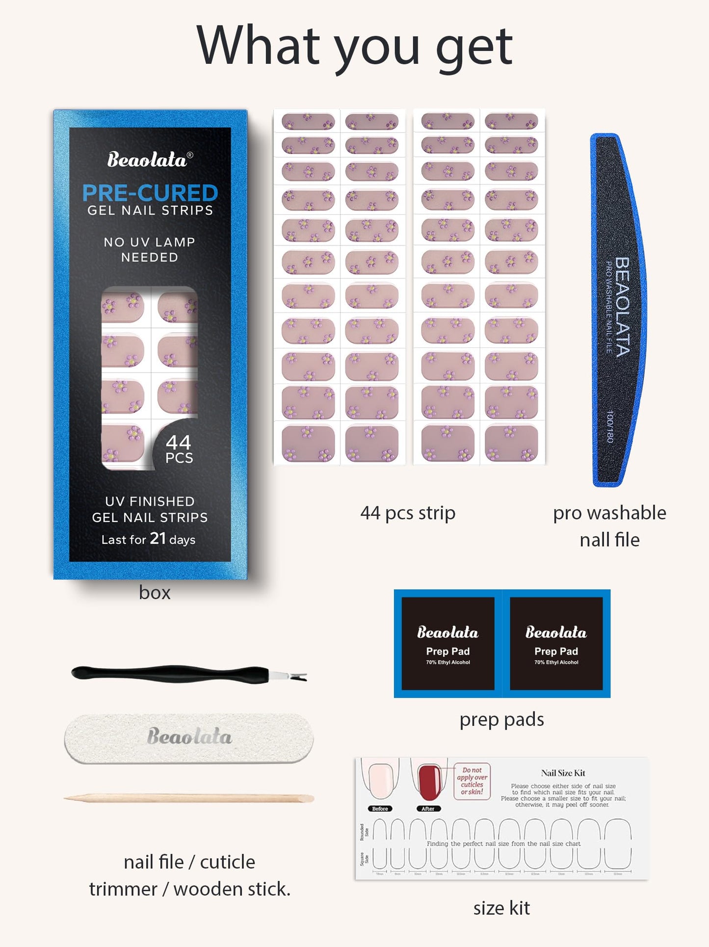 Beaolata Real Gel Nail Strips (No UV Light Needed) - 44Pcs Salon Quality Nail Stickers - Long Lasting Polish Wraps for Women, Easy Apply & Remove (Springtime Posy Pink)