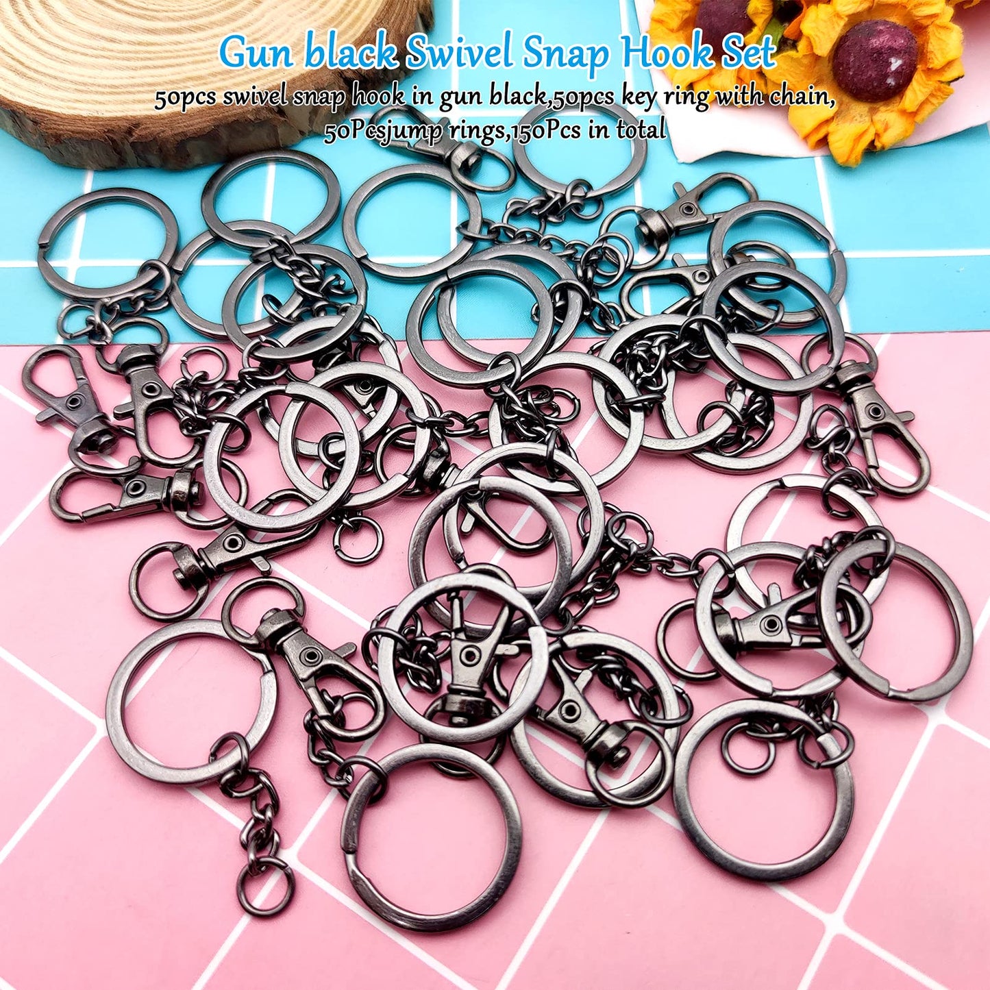 150Pcs Swivel Snap Hook Set,Gun Black Swivel Clasps Lanyard Snap Keychain Hooks Lobster Clasp Split Key Rings with Chain and Jump Rings Bulk for Keychain Lanyard,Charm,Jewelry,DIY Crafts Supplies