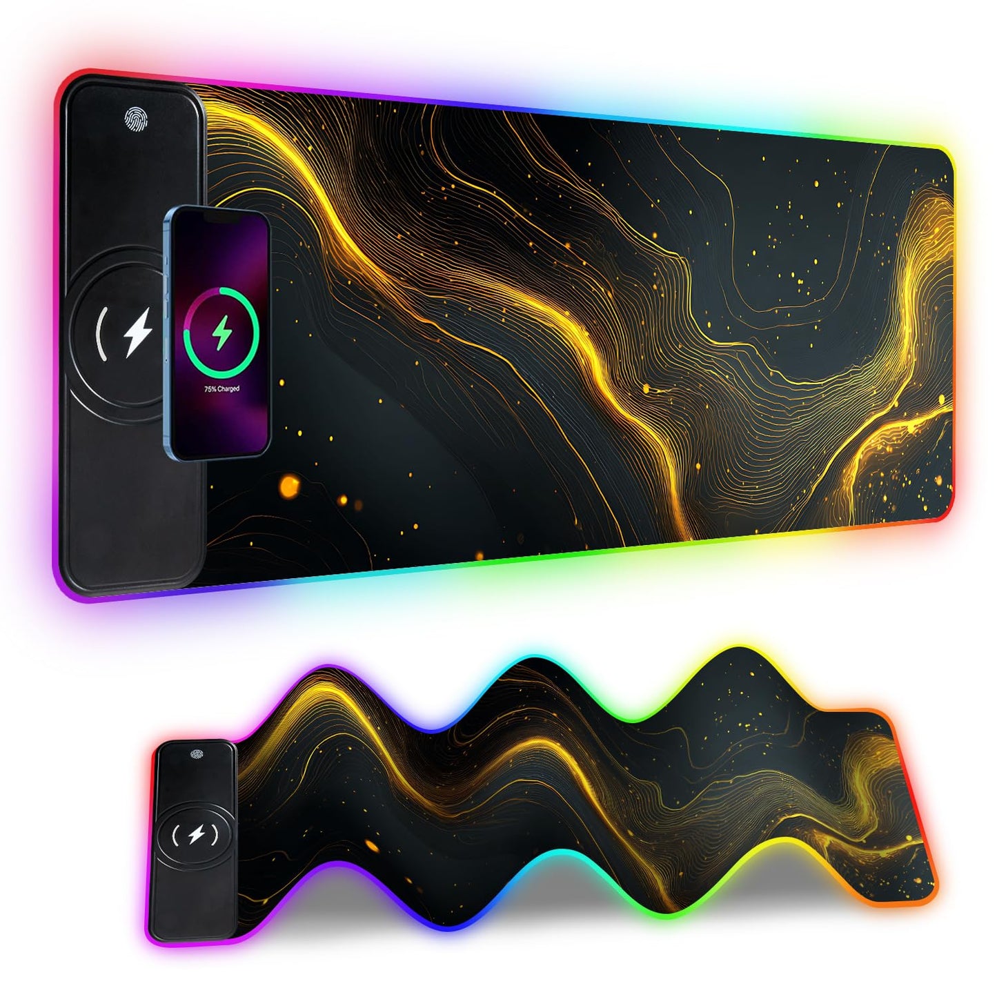 Wireless Charging RGB Gaming Mouse Pad, 31.5 x 11.8 Inch Extended Mouse Mat with Black & Gold Abstract Wave Design, LED Desk Pad with 7 Lighting Modes, Non-Slip Base for Gaming & Office