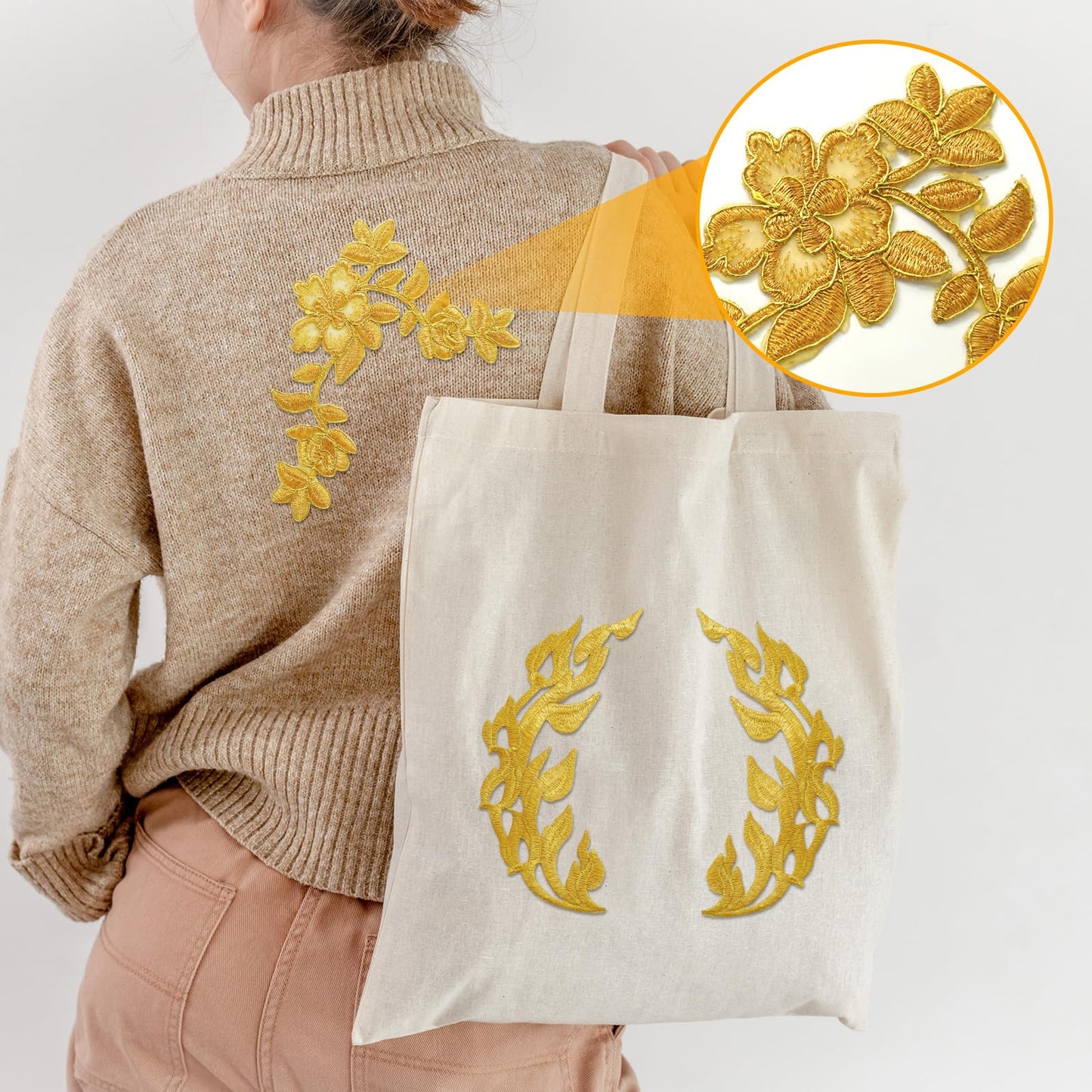 Gnognauq 12Pcs Gold Flower Iron on Patches Embroidery Applique Sewing Fabric Gold Lace Sew on Patch for Dress Jeans Clothes