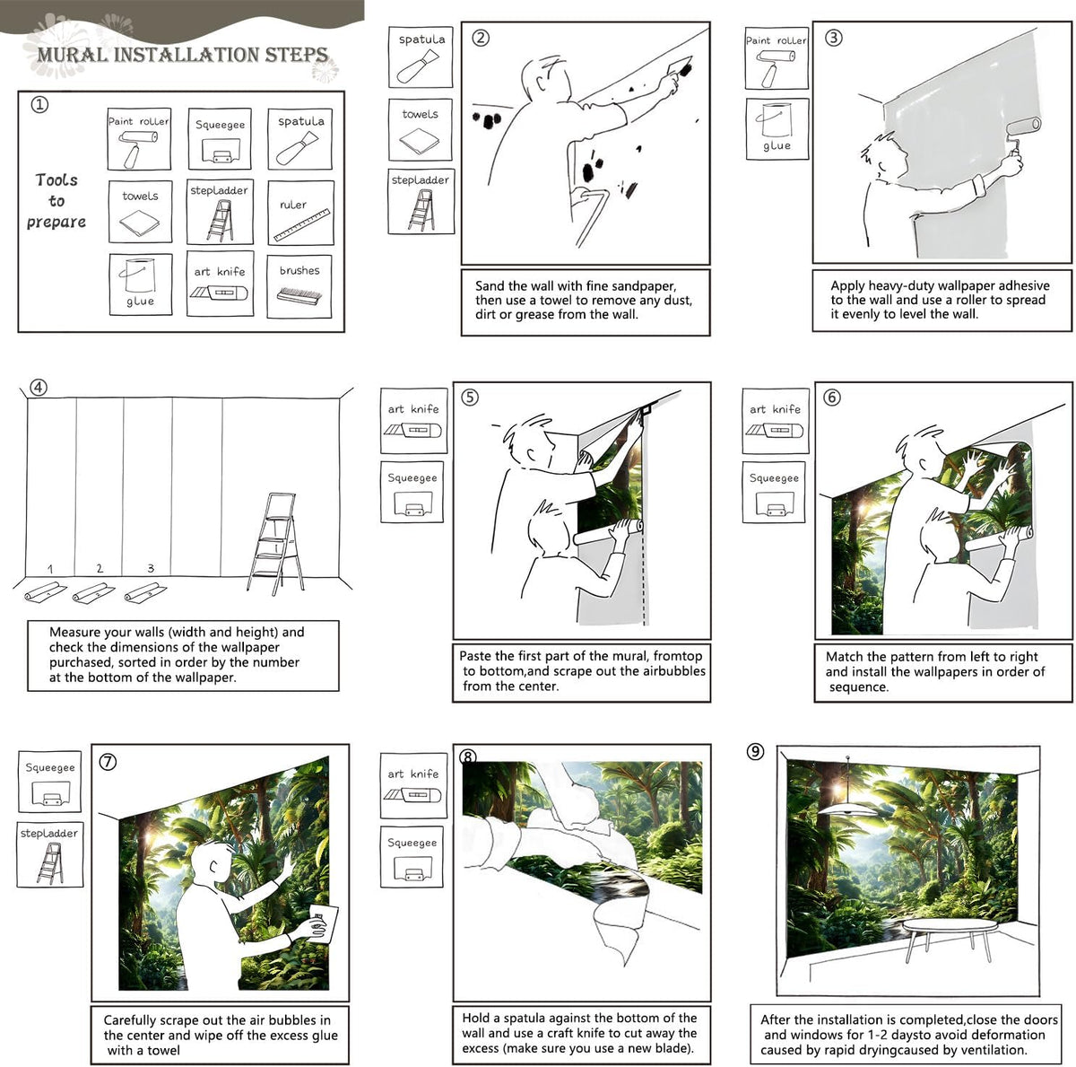 AFZEVEB-Green Tree Wall Mural Tropical Jungle Wallpaper for Bedroom 136"x96"(Not Peel and Stick)