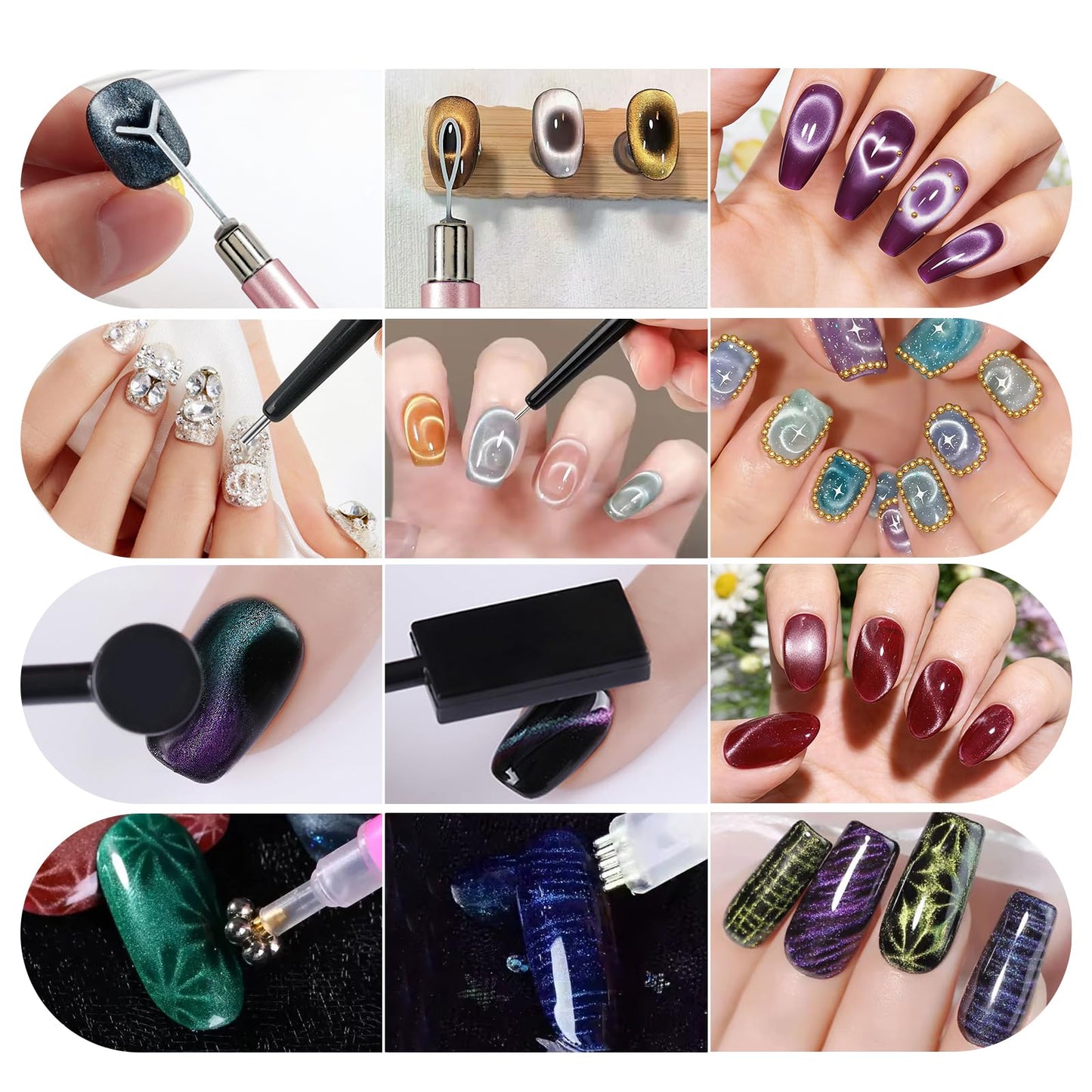 YECIRALA 6 Pcs Nail Art Cat Eye Magnet For Nails With 2 Iron Molds, Nail Polish Magnet Tools Set Cylindrical Flower Heart Hole Nail Magnet With Magnet Ball For Nails Art Magnet Stick Magnetic Pens