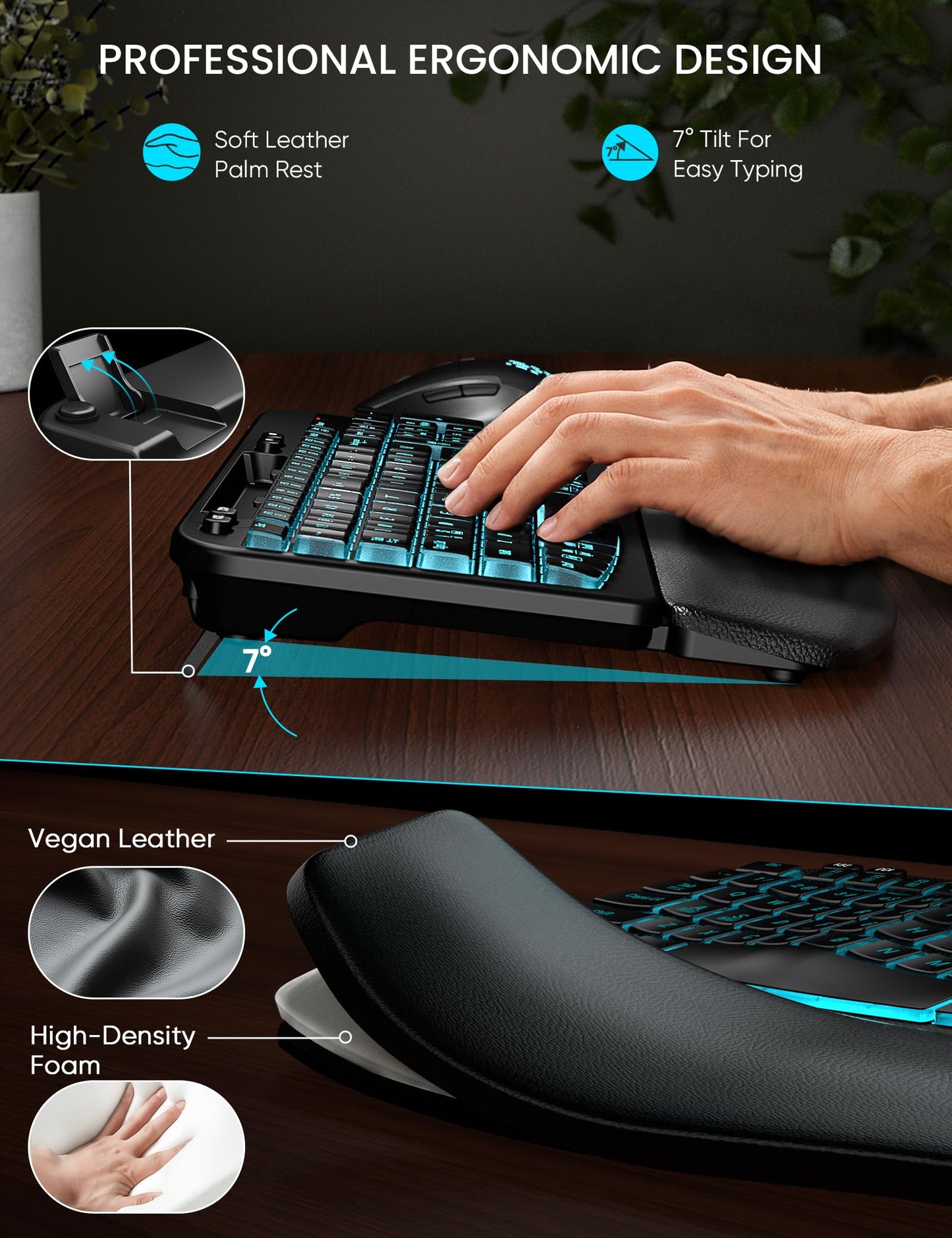SABLUTE MA22 Pro Wireless Keyboard and Mouse Combo - Ergonomic Wave Keyboard with Soft Leather Wrist Rest, Phone Holder, Rechargeable, RGB Backlit Mouse, Full-Size Set for Windows/Mac/Computer