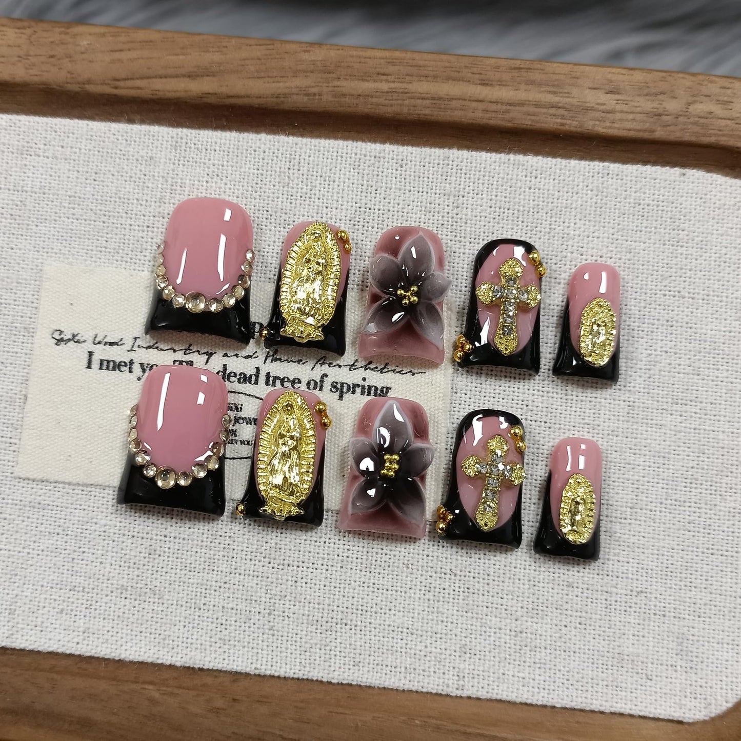 TENPAL Duckbill Press on Nails - Black Pink French with 3D Cross & Saint Charm | Ornate Handmade False Nails | Gothic Y2K Style(L)