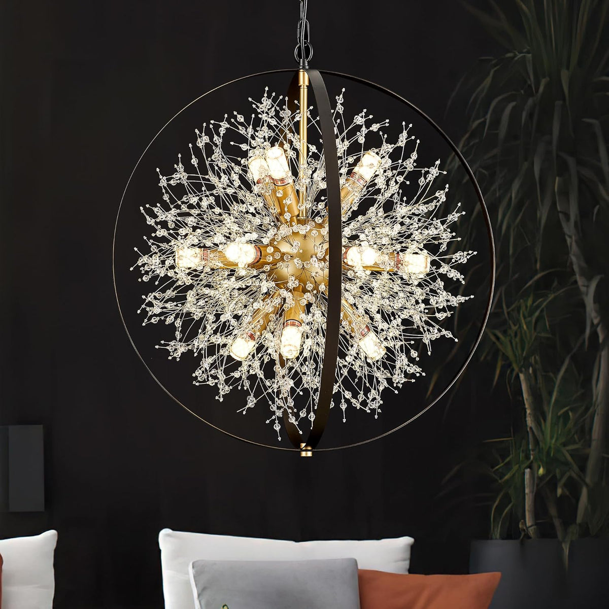 Modern Crystal Chandeliers Firework, 23.2'' Black Gold 12-Light Globe Dandelion Sputnik Chandelier, Hanging Pendant Lighting Fixture for Dining Room, Bedroom, Kitchen, Entryway, Foyer