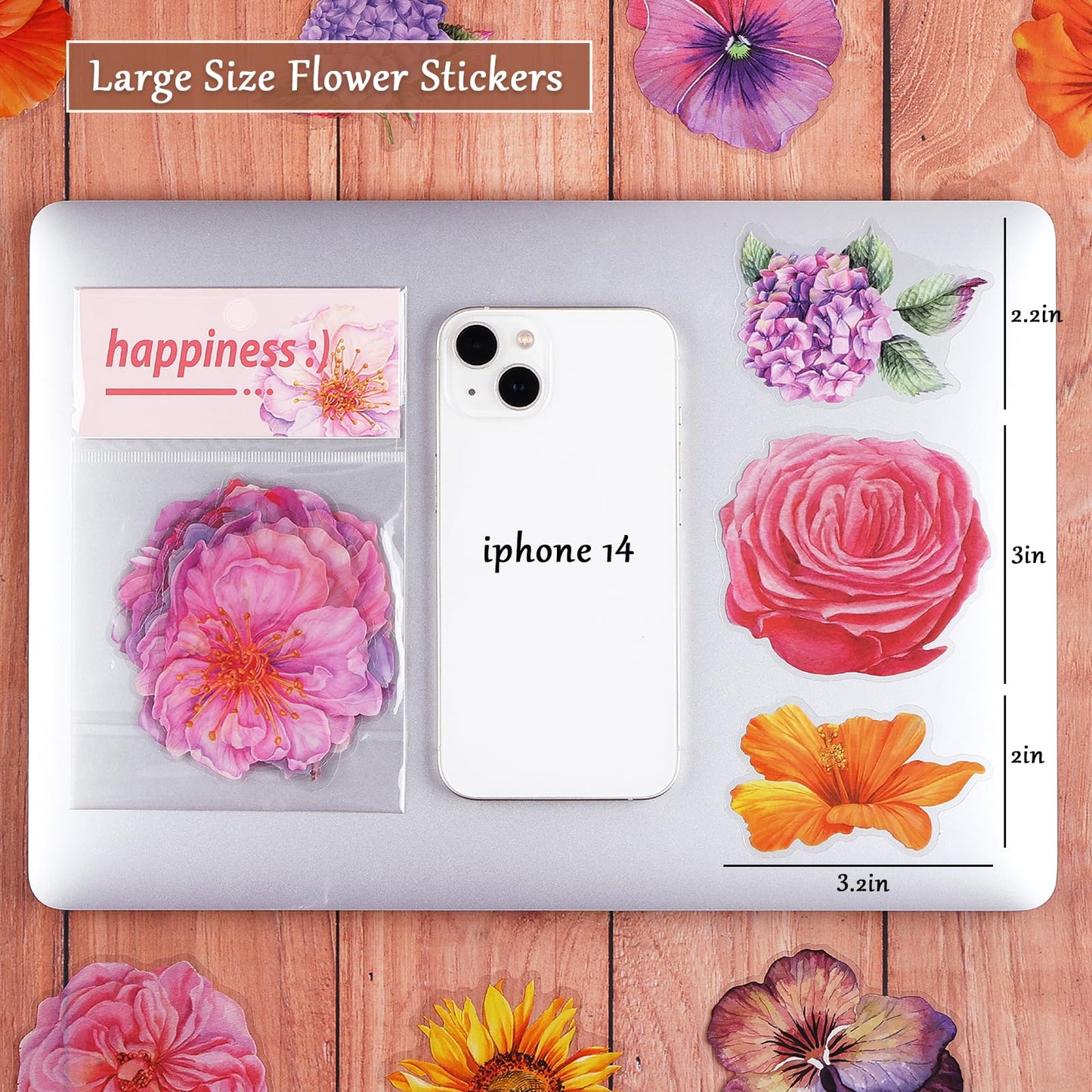 RISYPISY 120PCS Large Flower Stickers, Waterproof Transparent Sticker | Floral Decals for Scrapbooking, Water Bottle, Laptop, Junk Journal, Bullet Journals, Planners