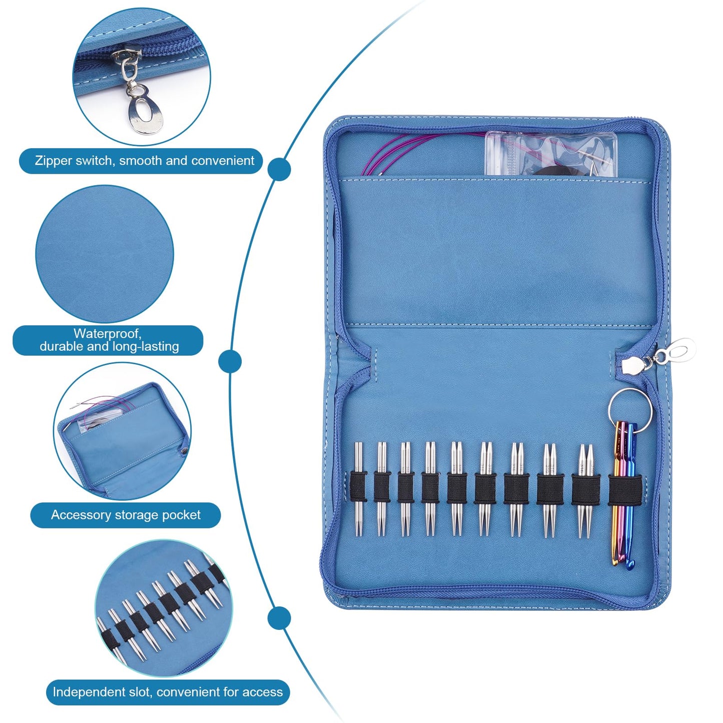 WAZAIGUR Short Interchangeable Circular Knitting Needles Set, 2-Inch Lace Circular Knitting Needles Set, Small Sizes 2.2mm, 2.5mm, 2.75mm, 3.0mm, 3.25mm, 3.5mm, 3.75mm, 4.0mm, 4.5mm, 4 Cables, 9 Pairs