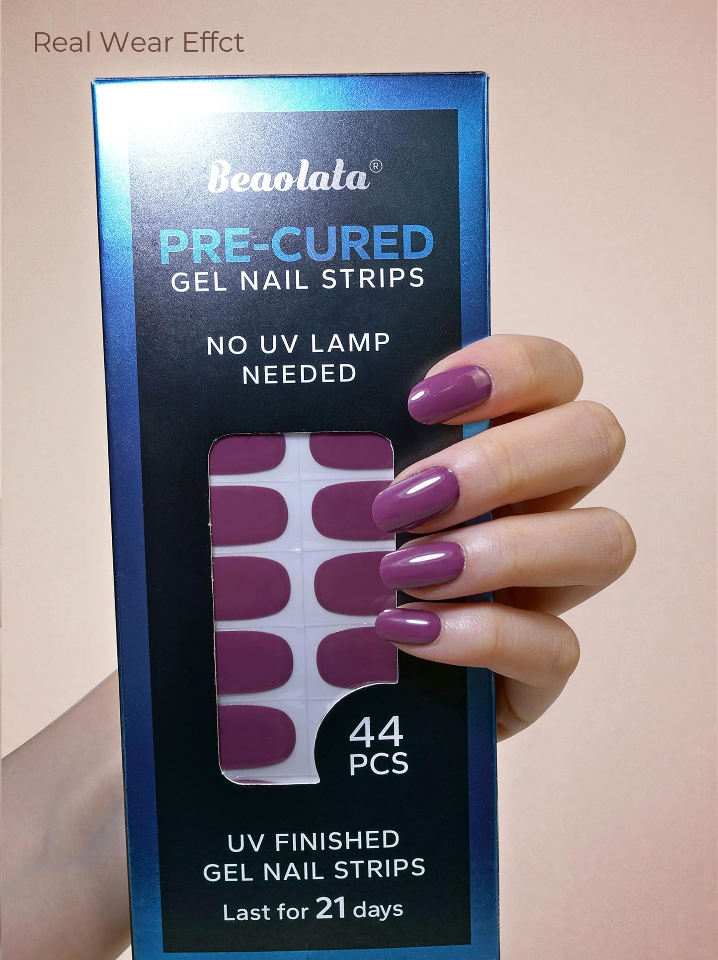 Beaolata Real Gel Nail Strips (No UV Light Needed) - 44Pcs Salon Quality Nail Stickers - Long Lasting Polish Wraps for Women, Easy Apply & Remove (Fudge Purple）