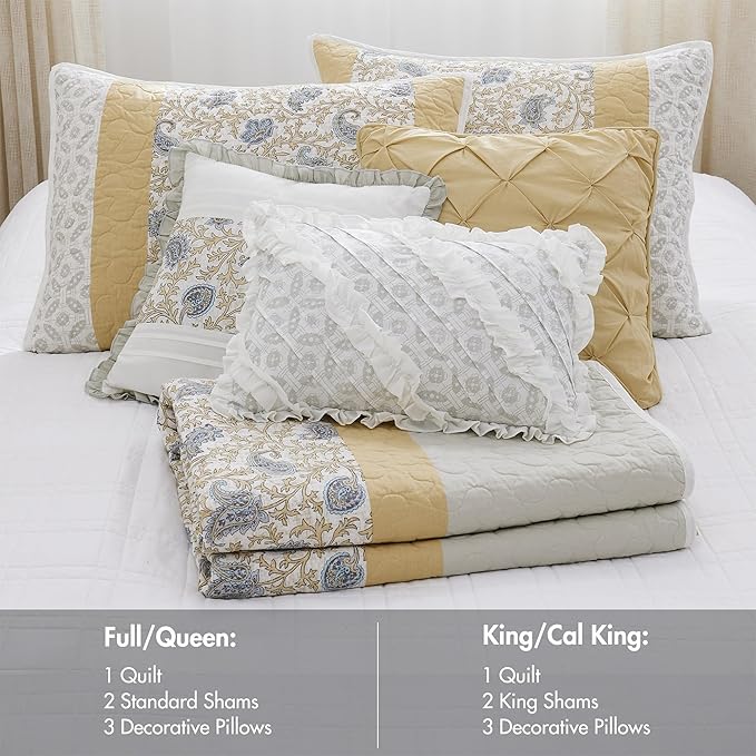 Madison Park 100% Cotton Quilt Set Floral Print, Double Sided Stitching, All Season, Lightweight Coverlet Shabby Chic Bedding Layer, Matching Shams, King/Cal King, Yellow 6 Piece