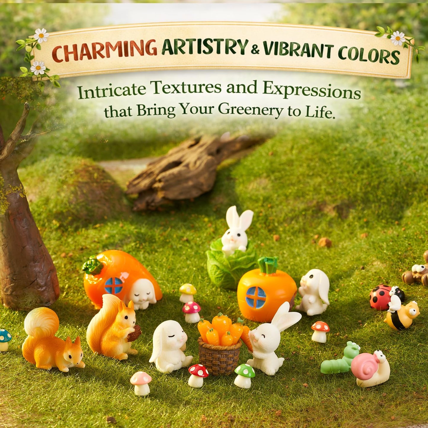 Nashibowu 24Pcs Mini Rabbits Fairy Garden Accessories DIY Kit, Miniature Garden Set with Mini Resin Animals, Tiny Bunnies, Squirrels, Mushroom Figurines, for Terrarium Micro-Landscaping Decorations