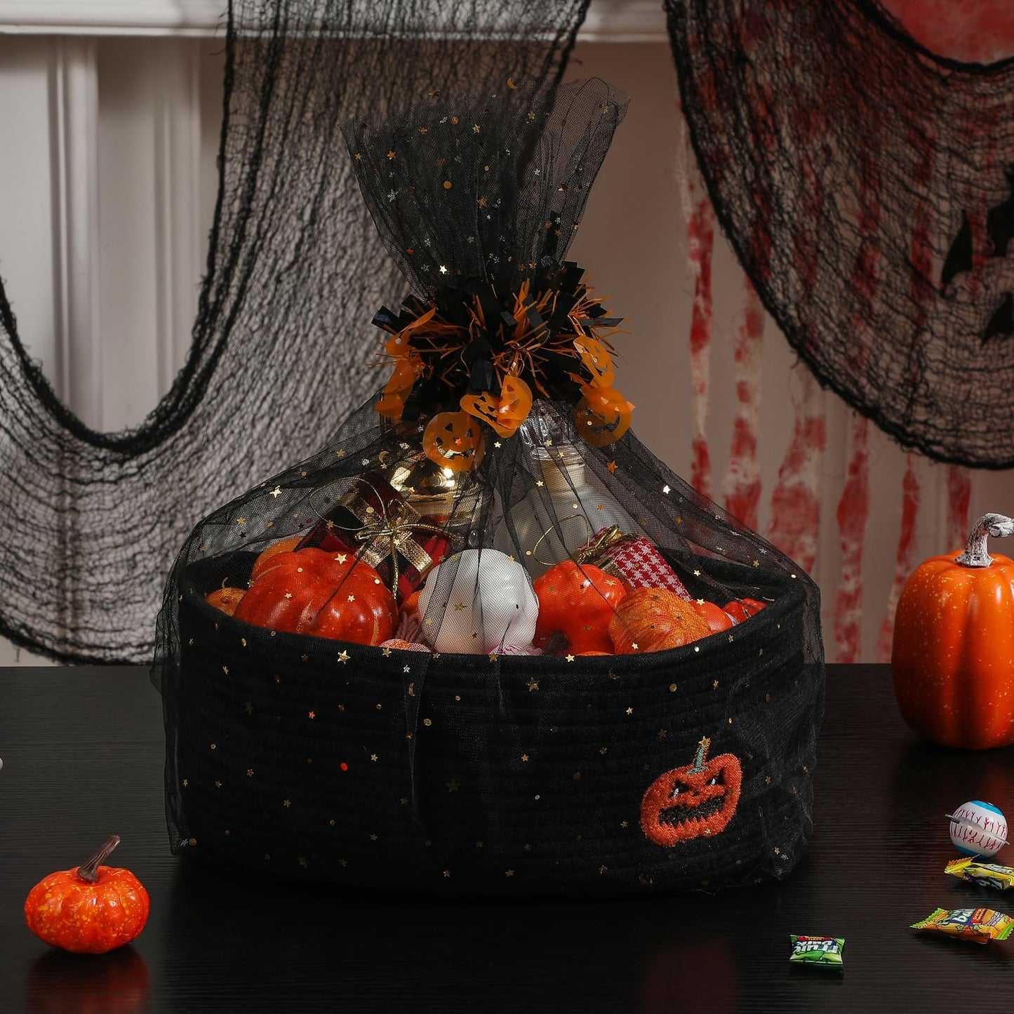 Halloween Basket Gift Baskets Empty with Decor Ribbons, Woven Rope Pumpkin Candy Baskets with Festive Tulle Bag Set for Halloween Party Supplies Favors, Toy Storage Basket for Baby and Pet 14.2" L x 9.8" W x 5.1" H