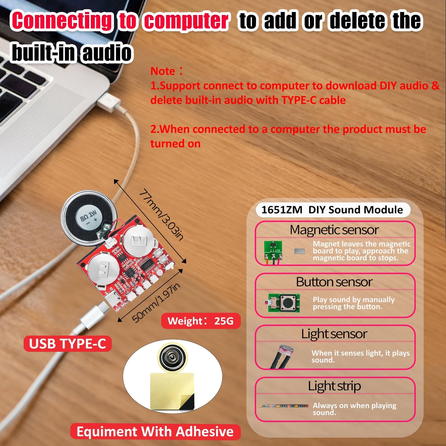 Sound Module, JRGKJCP 16MB Push Button, Magnetron,Light Control Activated Recordable Voice Sound Chip Module with Light Strip,Speaker,for Greeting Card Audiobook, Xmas Presents Boxes, Kids's Toys.