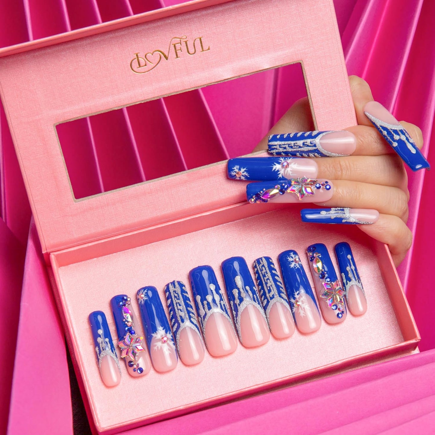 LOVFUL Press on Nails Snow Waltz Blue French Tip| Handmade with Full Covered Crystals | Reusable Fake Nails | Square Mid Length 1.7 in | H140-S