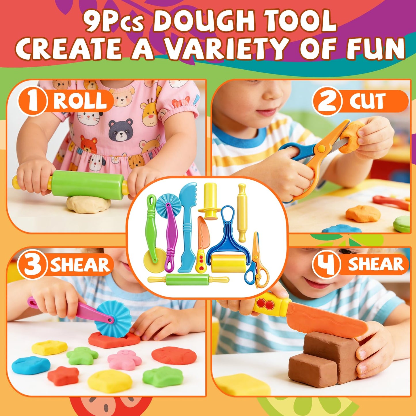 31 Pcs Dough Tools, Dough Play Tools Set + Kitchen Spaghetti Maker Machine Clay and Dough Accessories with Rolling Pins, Clay Cutters, Safety Scissors, 3D Dino & Animal & Fruit Molds