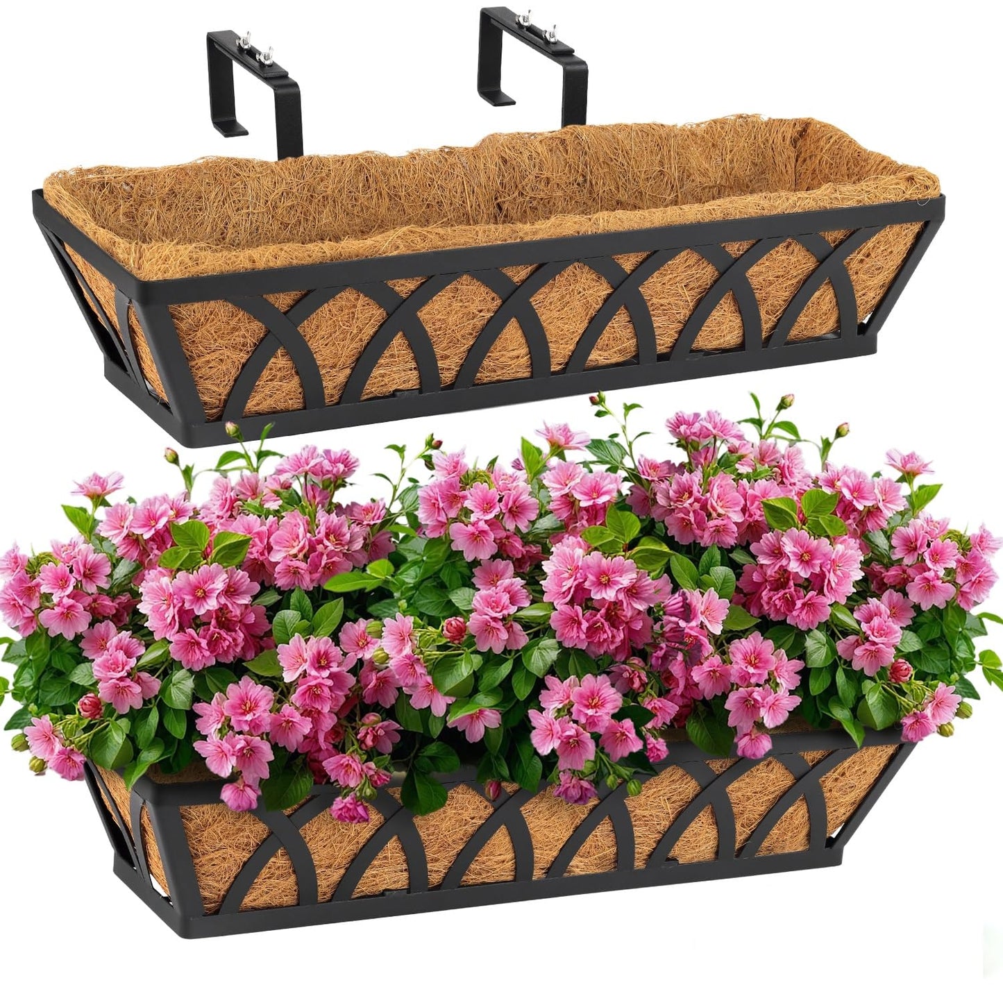 BTRAM 36IN Window Box Railing with Adjustable Brackets, Hanging Flower Planter Basket with Coco Liner for Outdoor Balcony Porch Fence Patio (Black - Set 2)