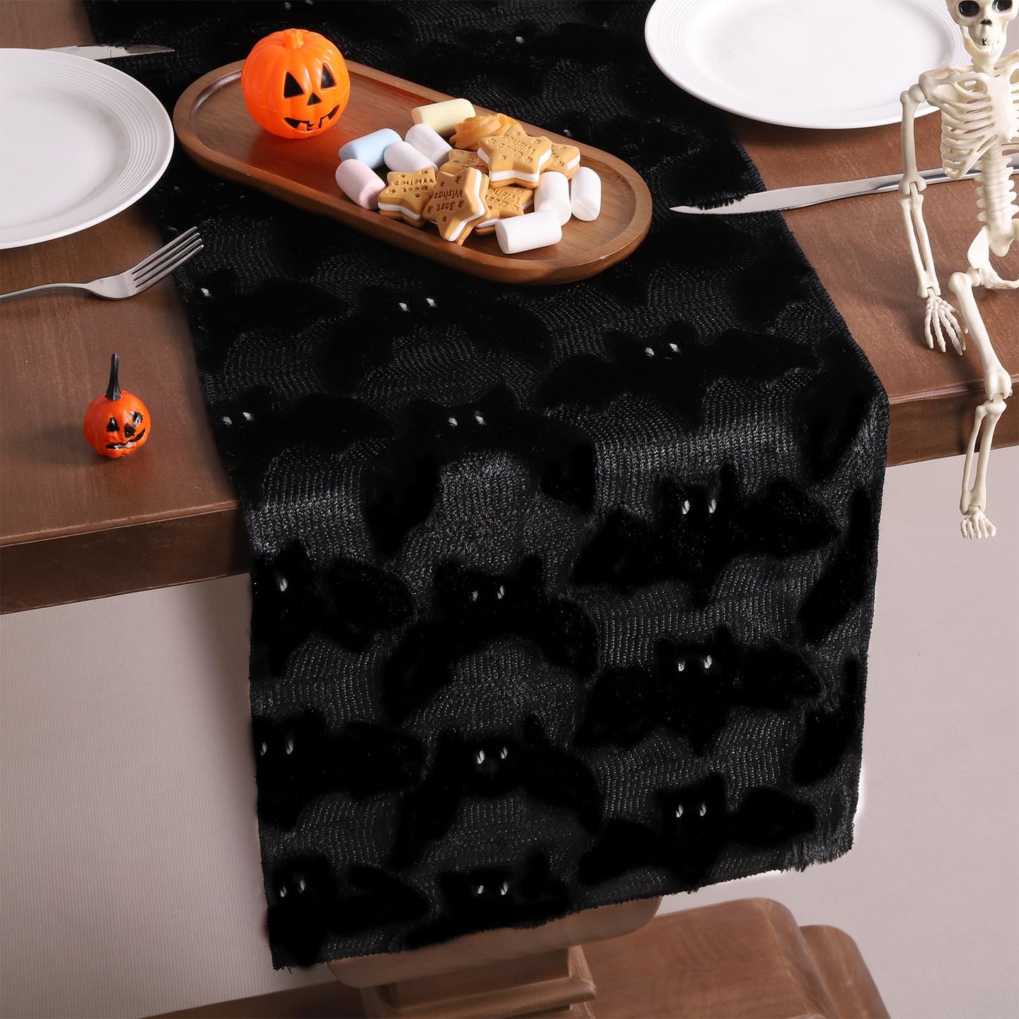 Heirloom Haven Black Bats Halloween Table Runner 13x72 Inch,Soft Plush Faux Fur Jacquard Seasonal Holiday Kitchen Dining Tabletop Runners for Home Indoor Decoration