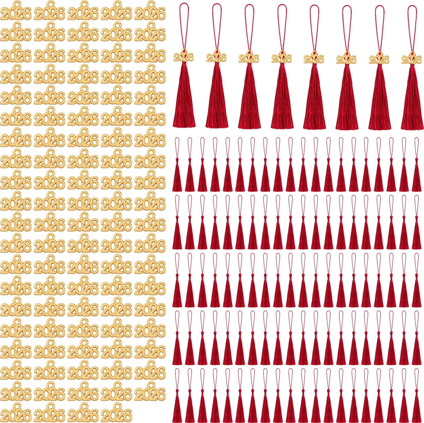 Cindeer 100 Pcs Mini Graduation Tassels with 100 Pcs 2026 Tassel Charms for Crafts Mini Silky Bookmark for Graduation Cap Keychain Ornaments DIY Craft Jewelry Making Project(Red)