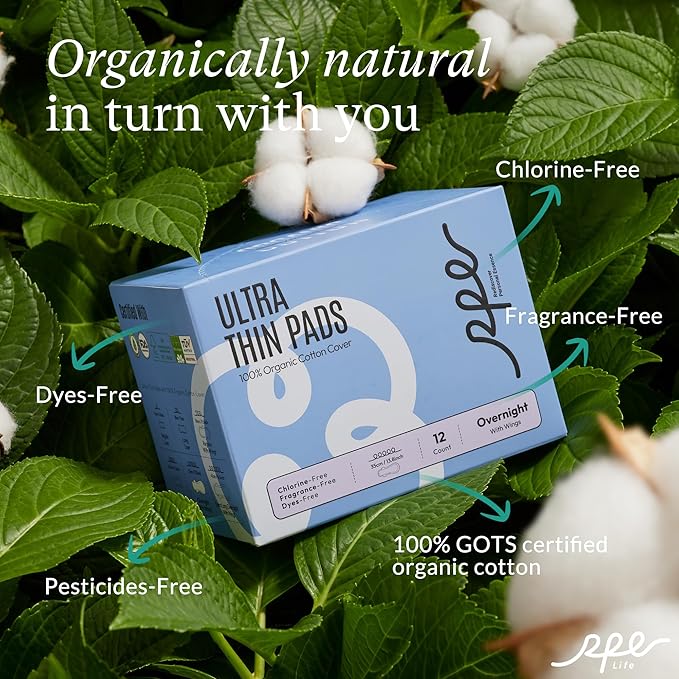 100% Organic Overnight Pads for Women, Ultra Thin Extra Heavy Flow Menstrual Sanitary Napkins with Wings Cotton Extra Coverage Period-Pads Super Absorbency Feminine Pad (Overnight, Size 5, 36 Ct)