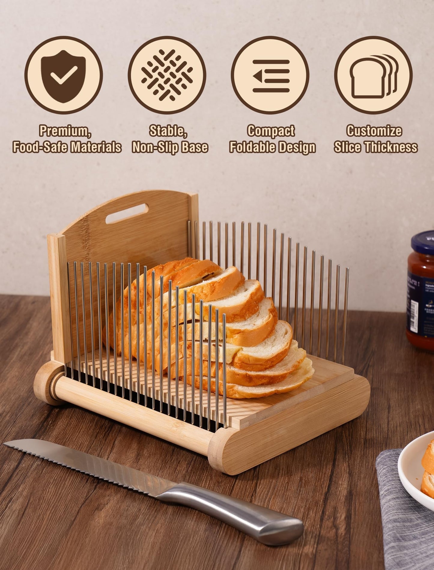 NiHome Bamboo Bread Slicer for Homemade Bread with Stainless Steel Guides, Adjustable Thickness for Toast & Sandwiches, Foldable Compact Sourdough Wood Cutting Board