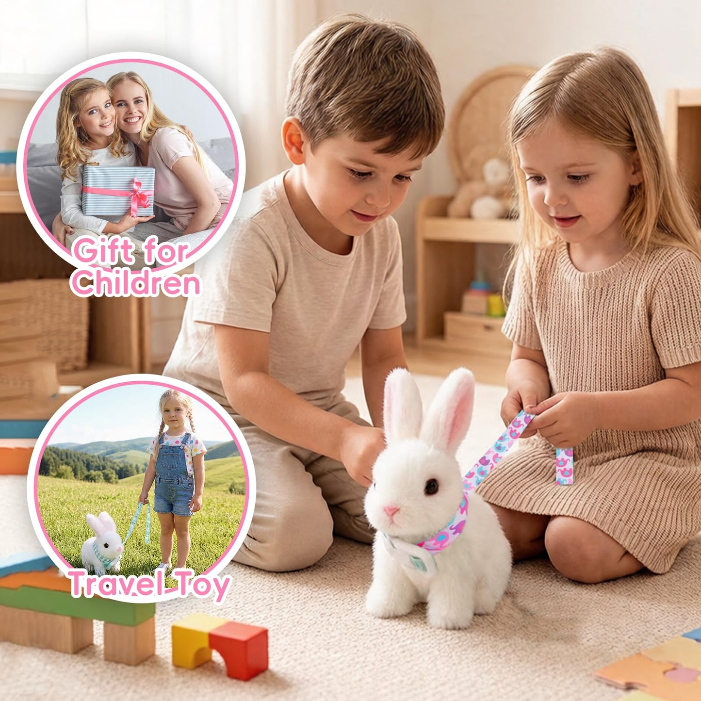 Sprstar Easter Bunny Toy,Bunny My Realistic Bunny Toy,Hopping Rabbit Plush Bunny Toy,with Sounds and Movements Animated Walking Wiggle Ears Twitch Nose Gift for Toddlers Birthday(Pink Rabbit + Leash)
