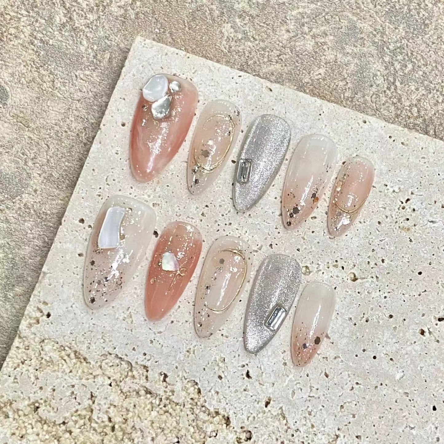 NLSJMP Handmade Press on Nails,Acrylic Fake Nails Kit,Luxury glitter orange white silver rhinestone Design Nail Art Kit,Reusable False nails,Include Toolkit,10pcs,Size S，#1947