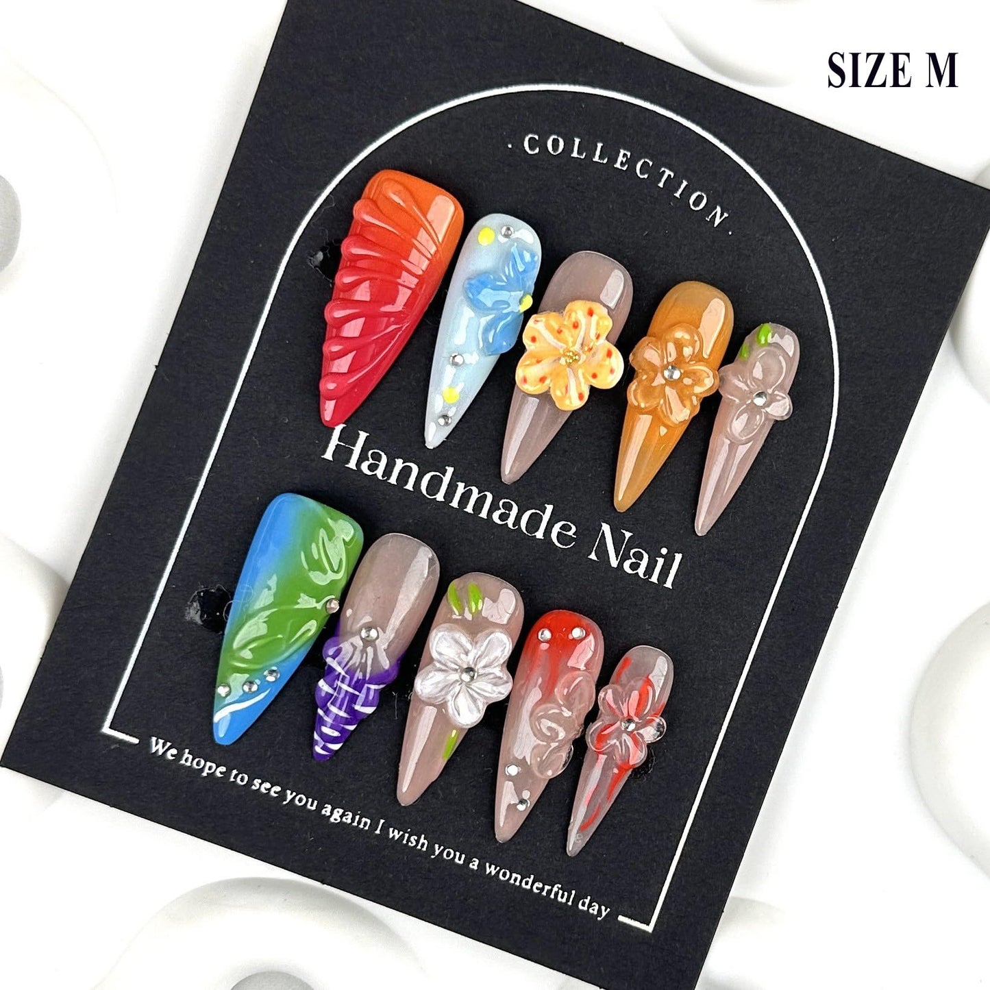 LIFOOST Handmade Press On Nails Long Stiletto Fake Nails Glue Stick On Nails with Flowers Bling Rhinestones