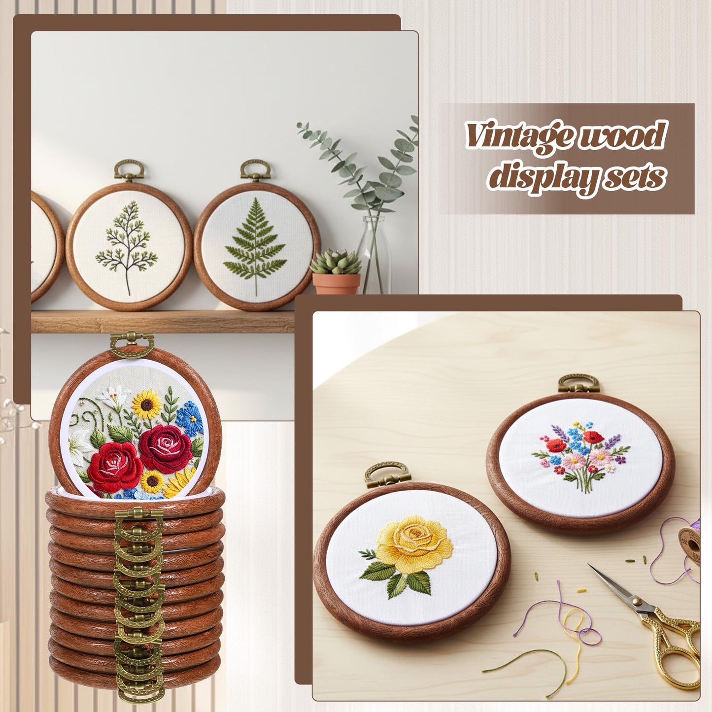 IMengjbang 30 Pcs 3 Inch Mini Embroidery Hoops Bulk, Circle Rubber Hoops Ring Display Cross Stitch Ornament Imitated Wood Frame Kits for DIY Hanging Gifts Christmas Fall Farmhouse Ornaments Decoration