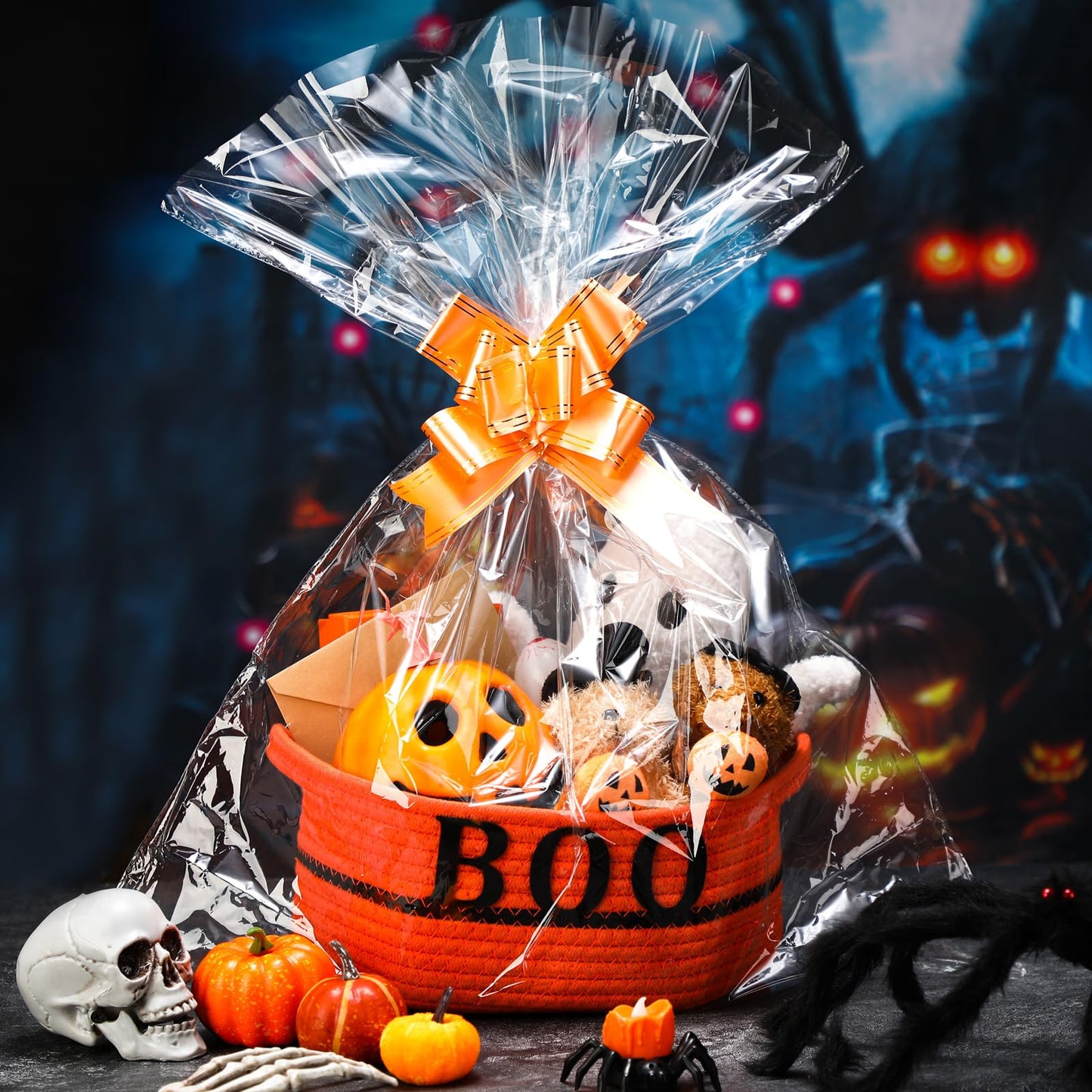 Potchen Halloween Boo Basket Gift with Handles Funny Boo Cotton Rope Basket Empty Trick or Treat Storage Bin with Clear Plastic Bag Ribbon Gift Card Envelope Set for Halloween Celebrations(Orange)